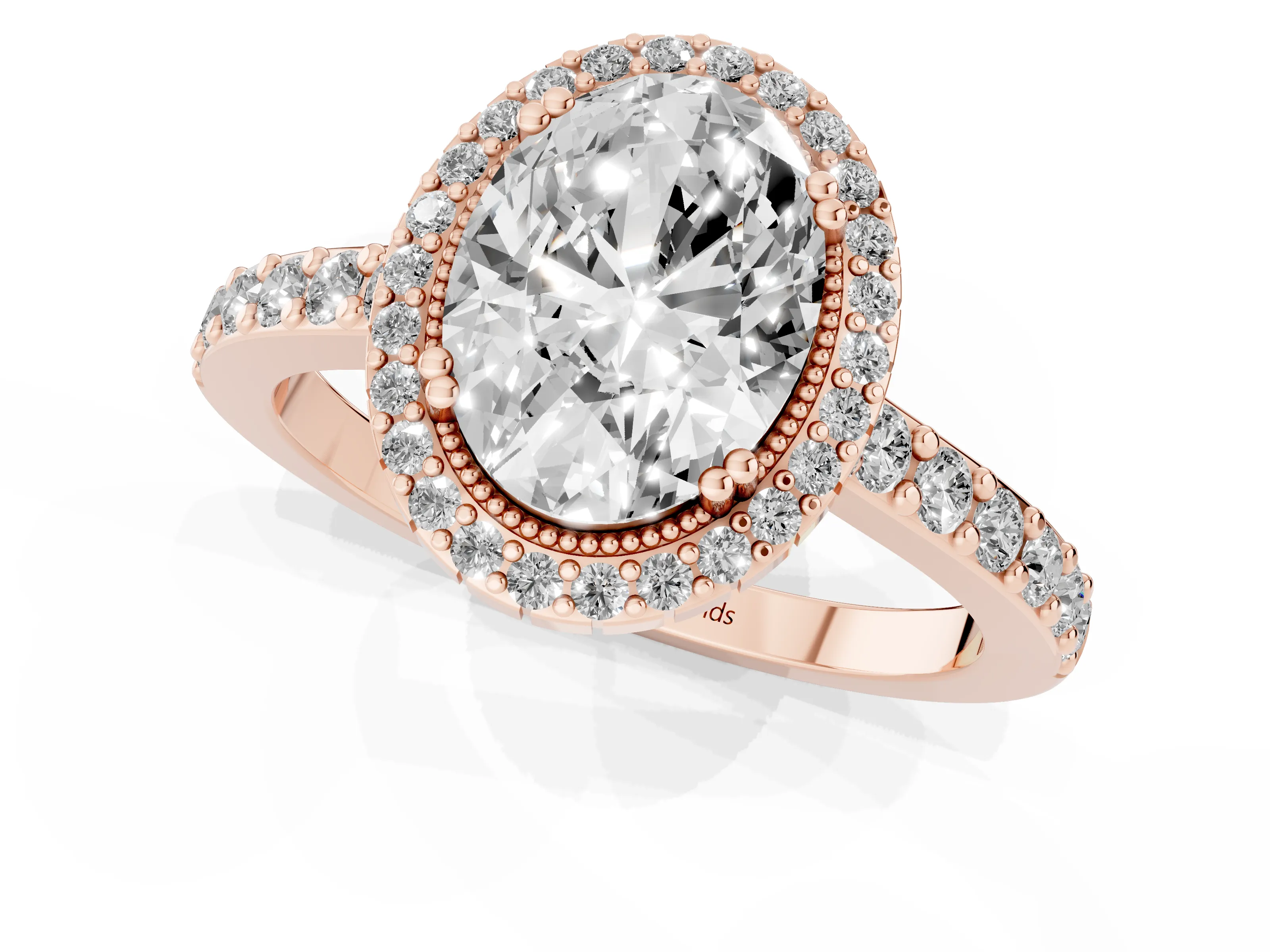 Oval Cut Diamond Halo Engagement Ring Set in Rose gold with Milgrain Detail and Pavé Band