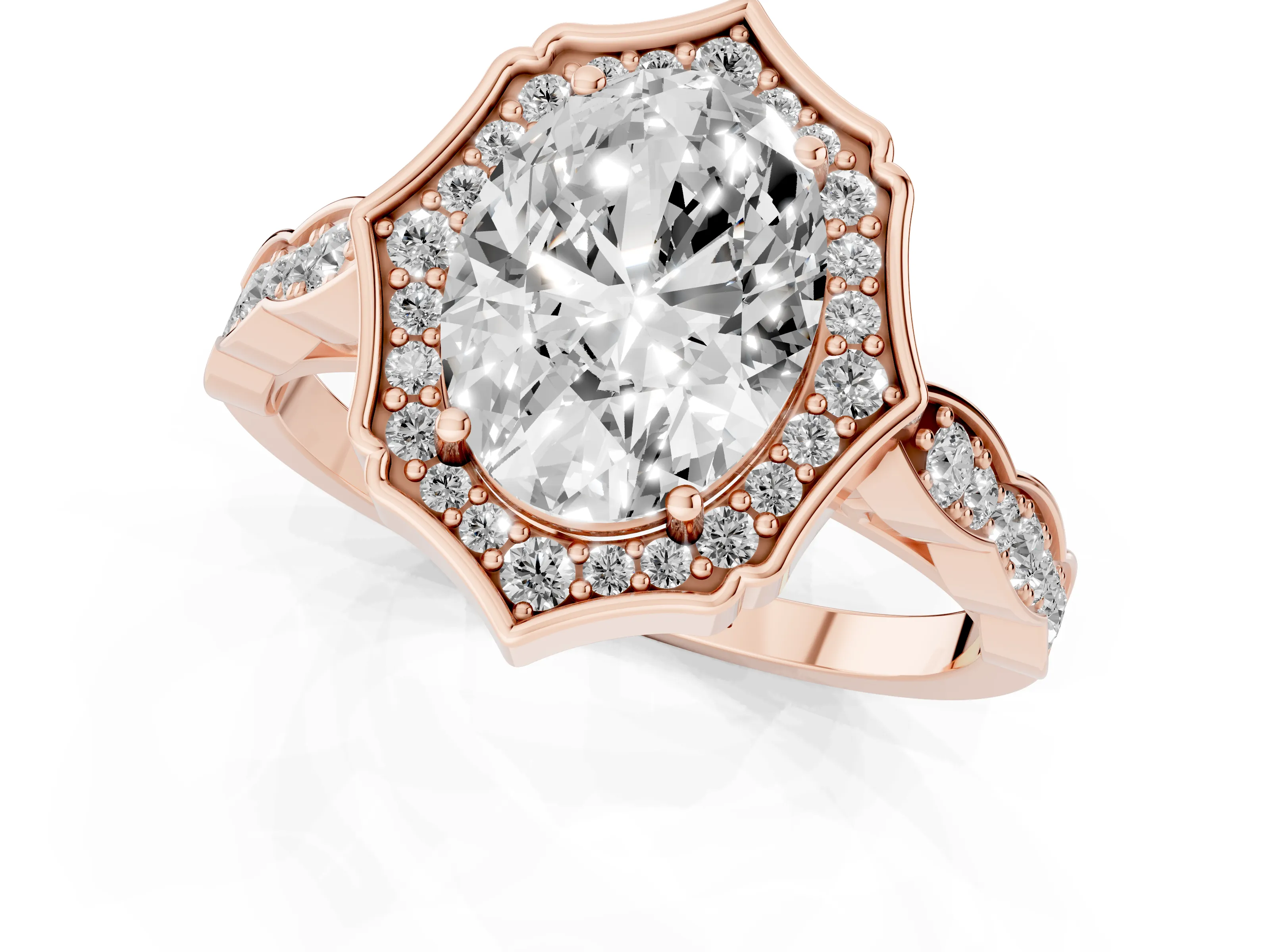 Oval Cut Diamond Halo Engagement Ring Set in Rose gold with Milgrain Band and Prong Setting