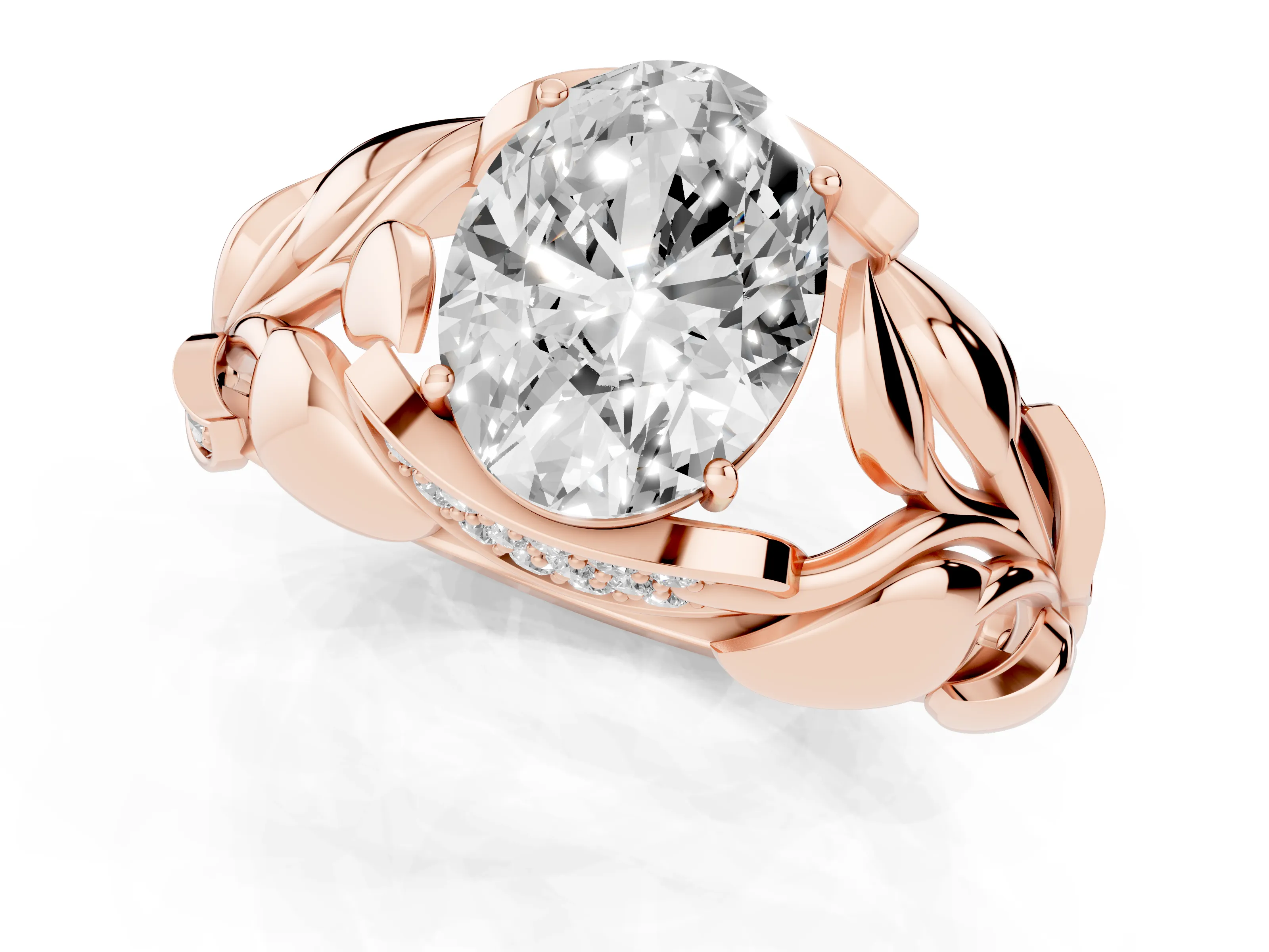 Oval Cut Diamond Leaf-Inspired Engagement Ring Set in Rose gold with Round Accents