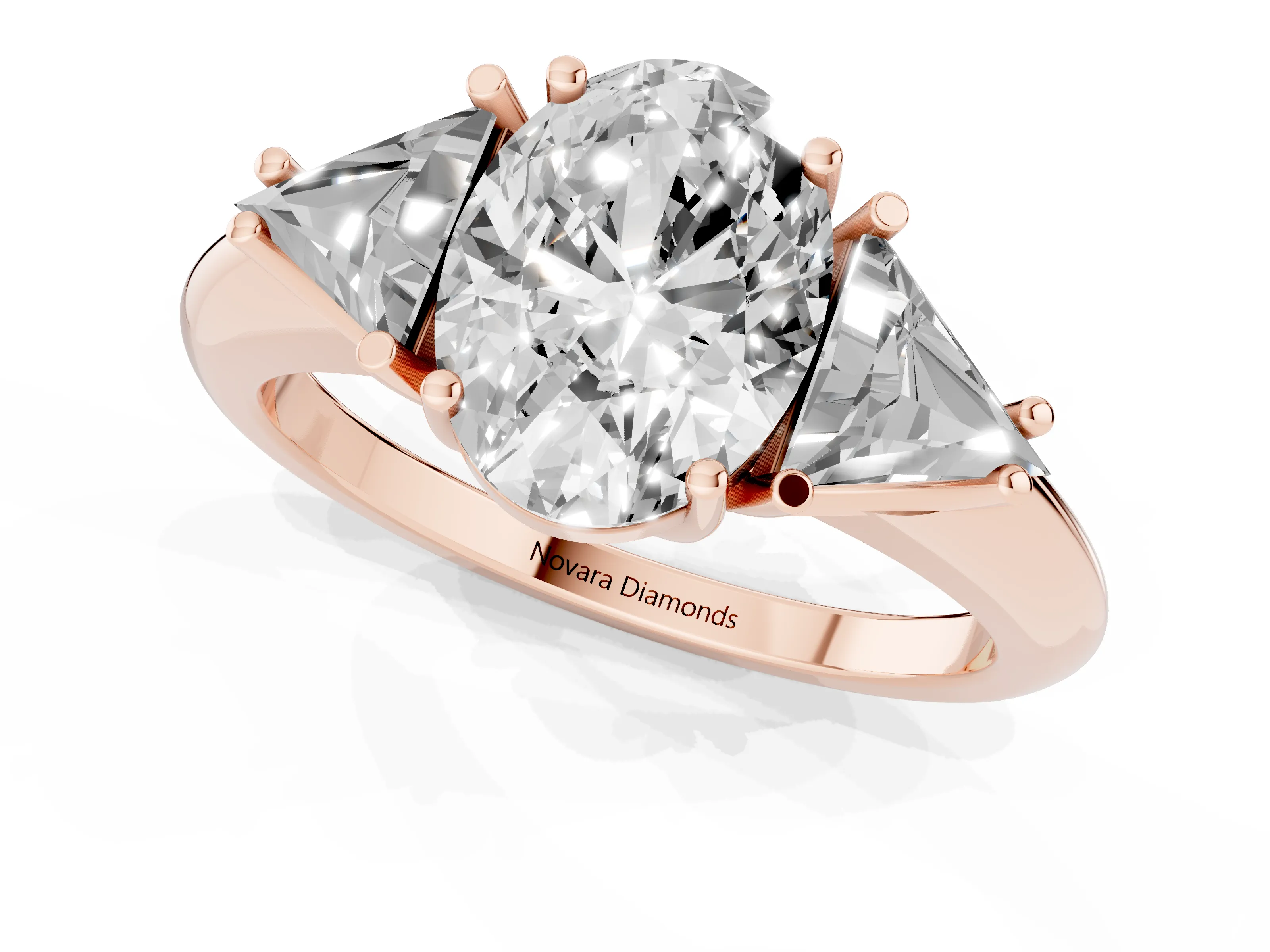 Oval Cut Diamond Three-Stone Engagement Ring Set in Rose gold with Trillion Side Stones