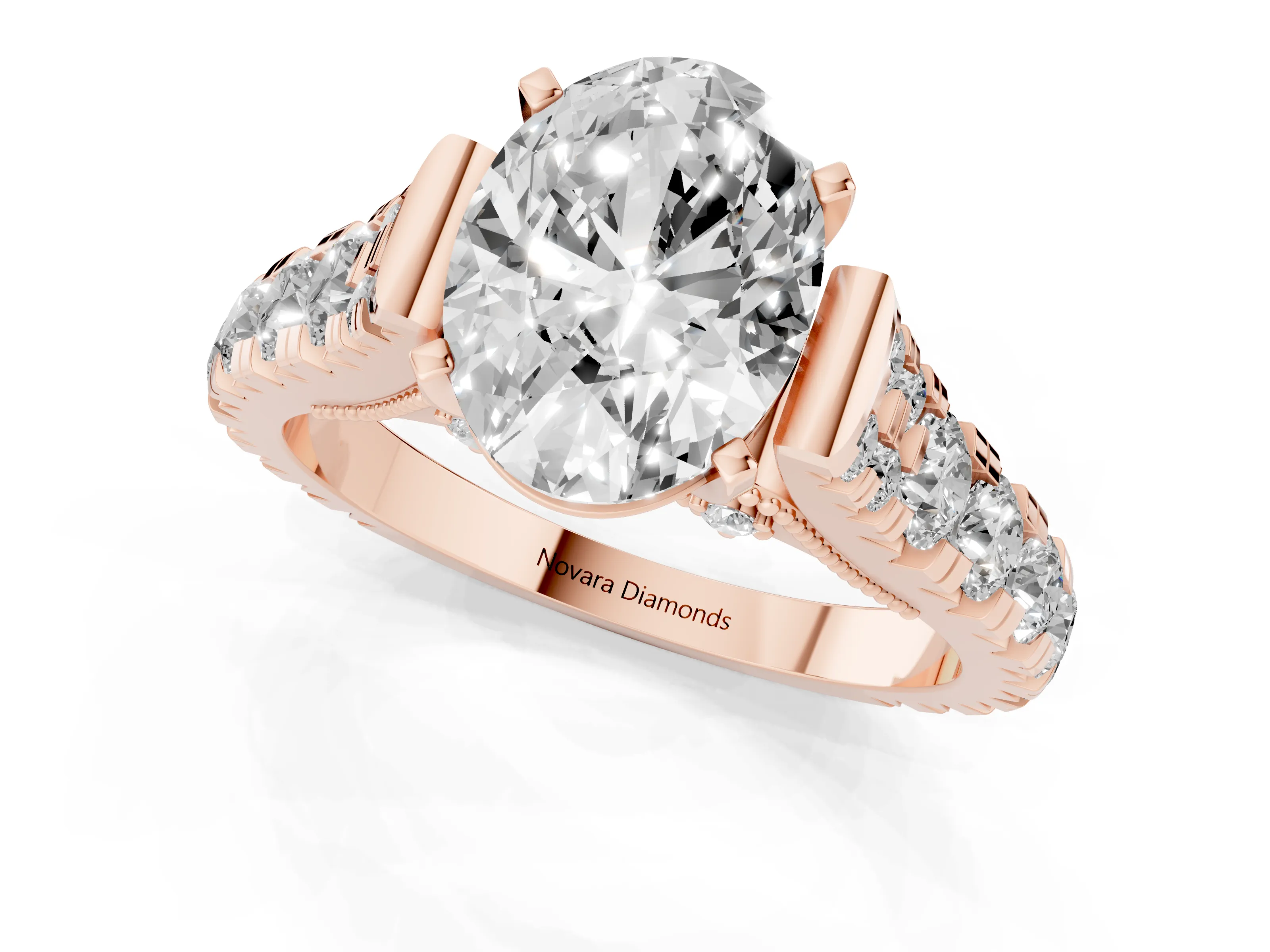 Oval Cut Diamond Classic Solitaire Ring Set in Rose gold with Pavé Band and Prong Setting