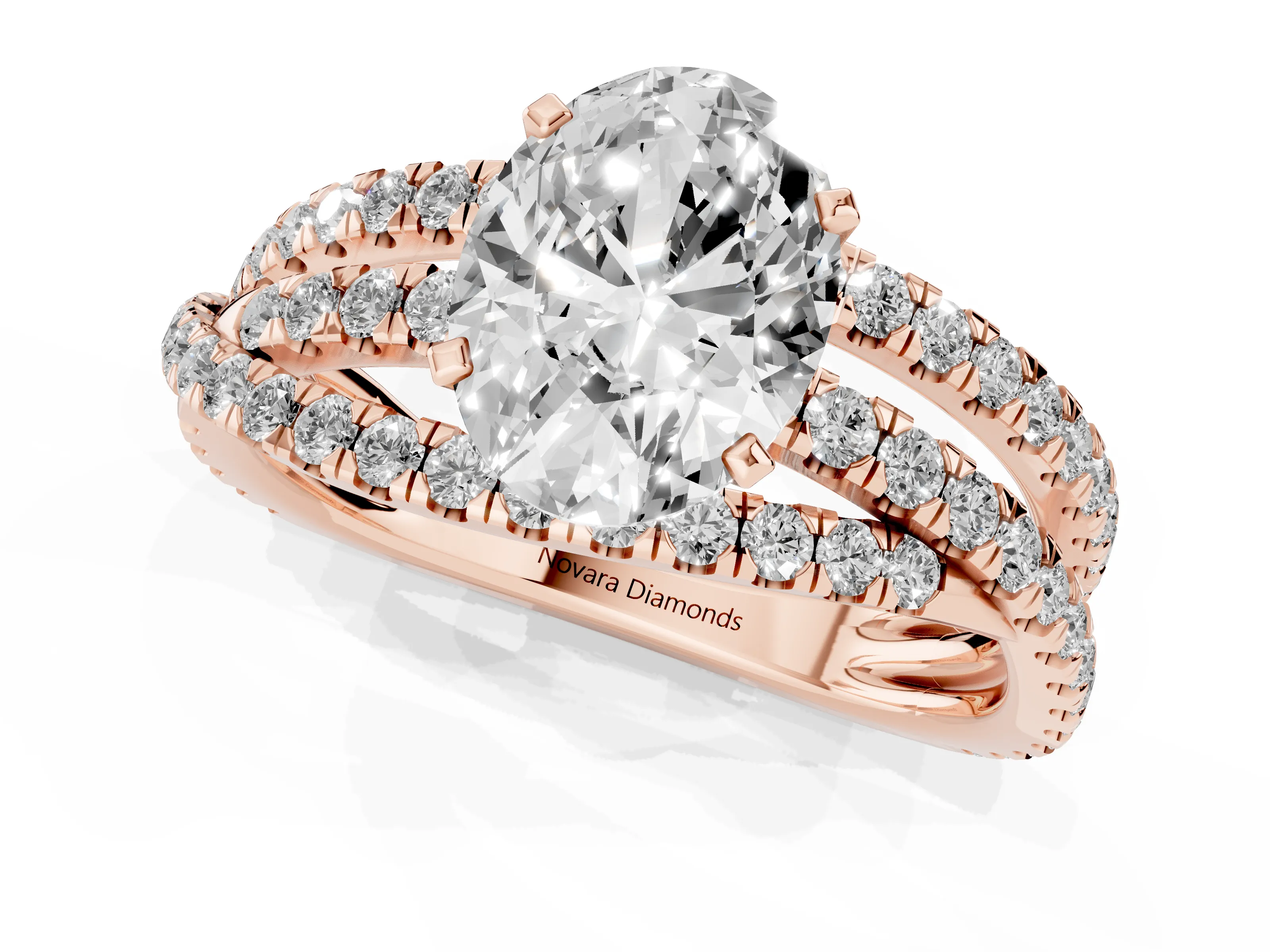Oval Cut Diamond Solitaire Twist Band Ring Set in Rose gold with Pavé Setting and Prong Head
