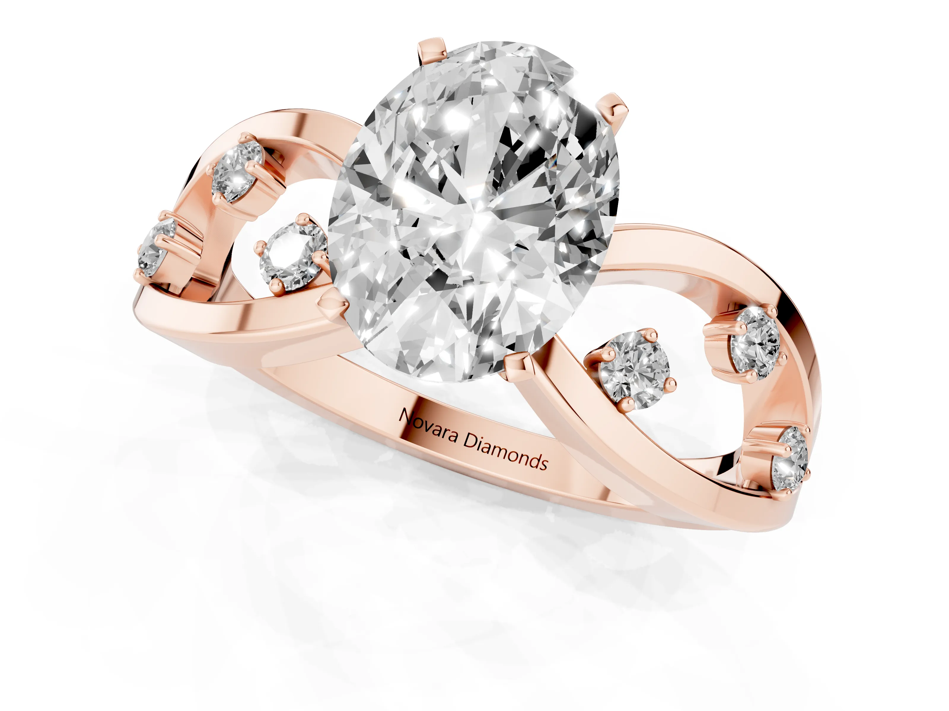 Oval Cut Diamond Solitaire Ring Set in Rose gold with Side Stones on Criss-Cross Band and Prong Setting – second view