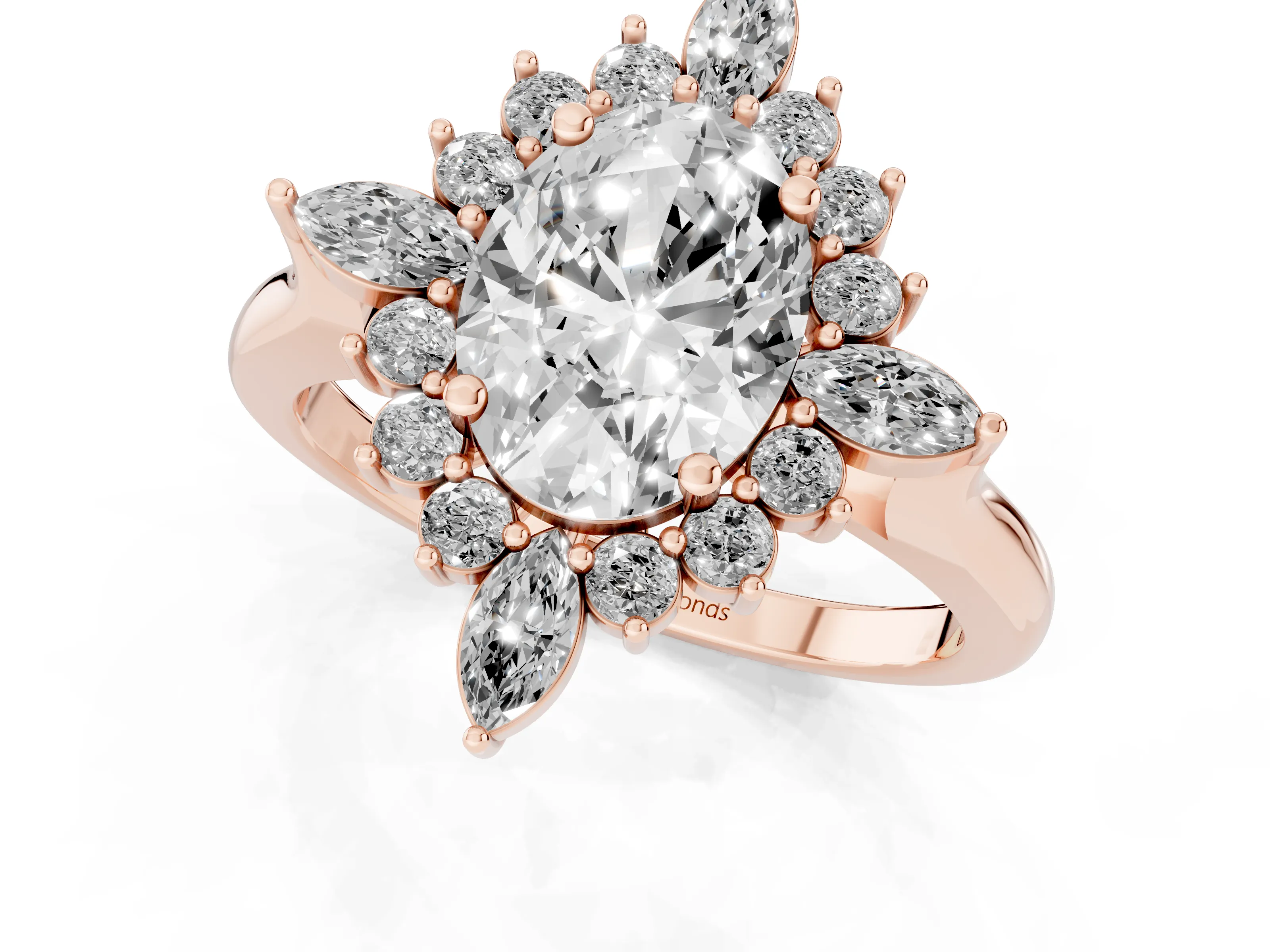 Oval Cut Diamond Cluster Halo Ring Set in Rose gold with Marquise and Round Accents