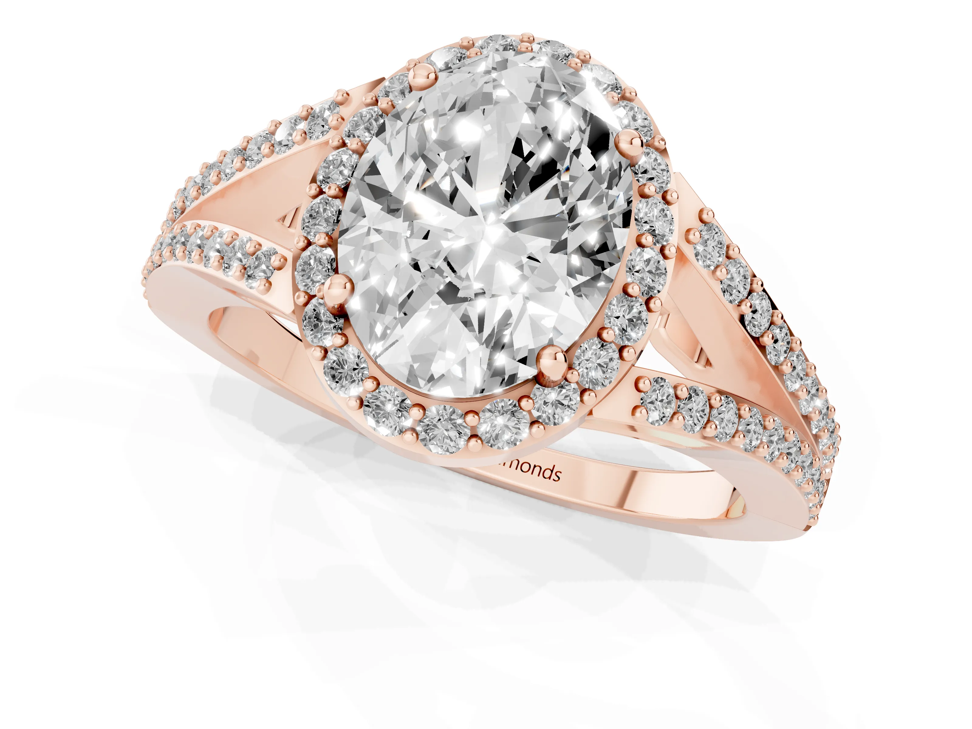 Oval Cut Diamond Halo Split Shank Ring Set in Rose gold with Accent Stones and Prong Setting