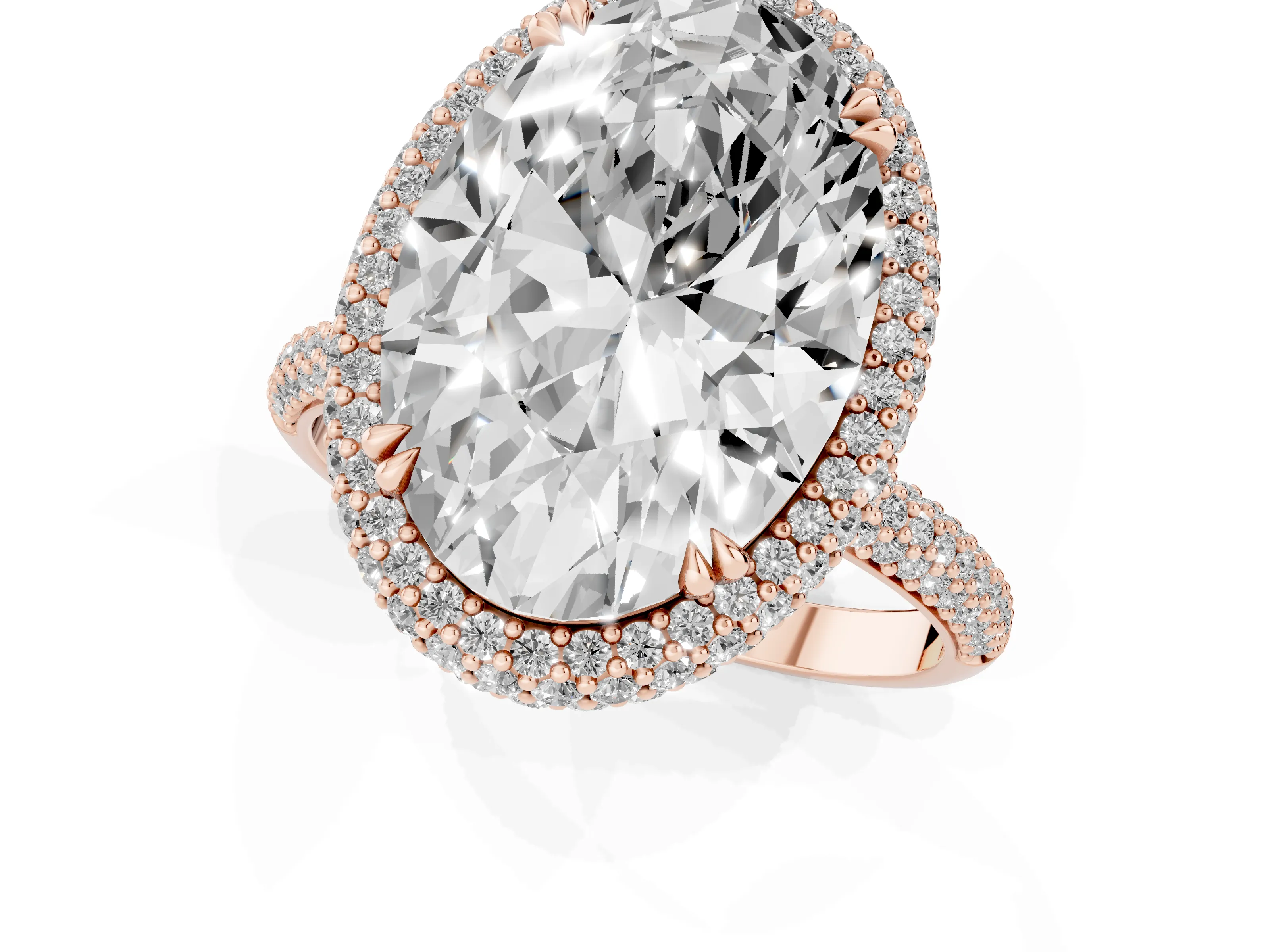 Oval Diamond Halo Ring Set in Rose gold with Round Accent Halo and Pavé Band