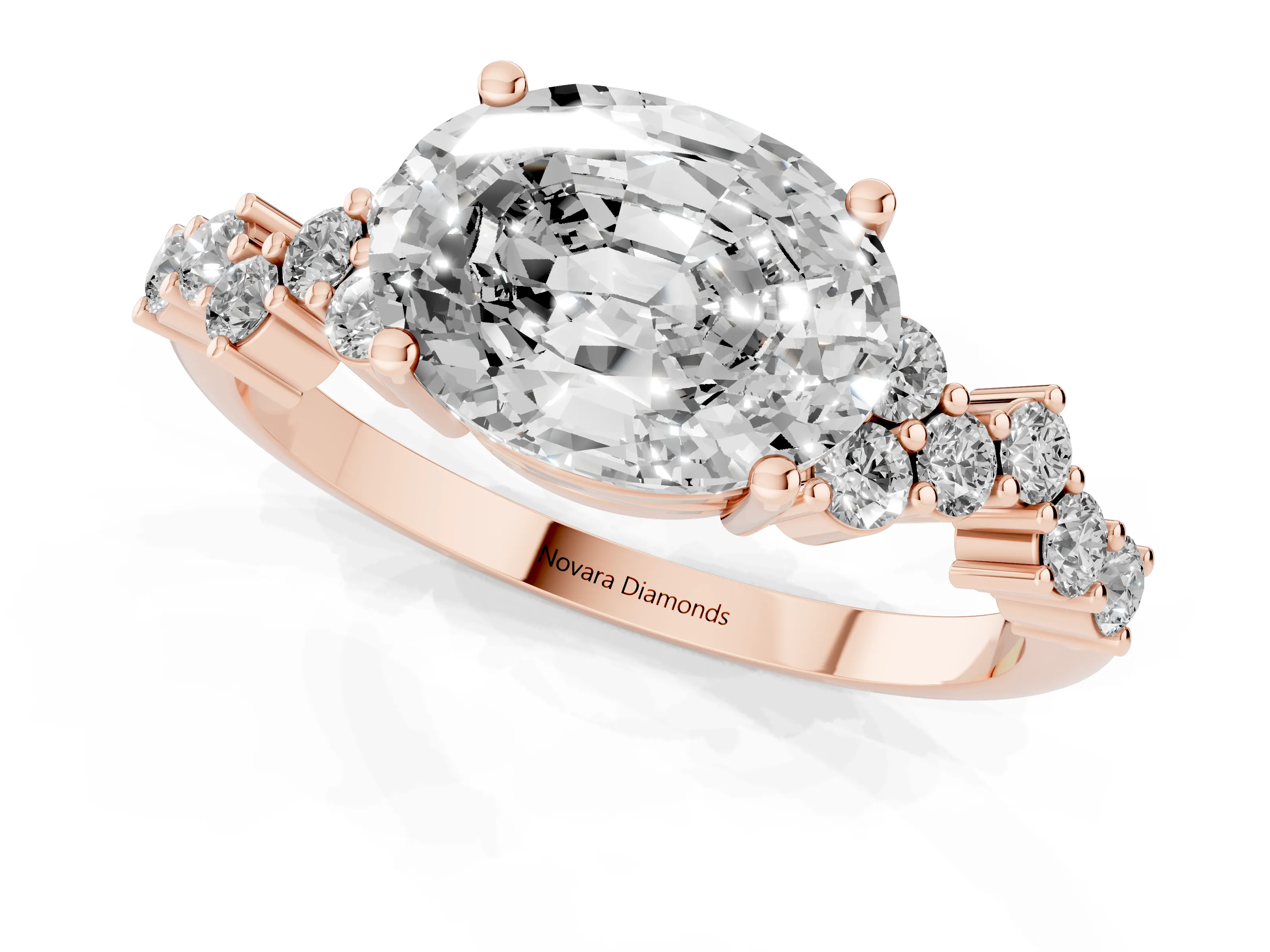 Oval Cut Diamond Ring Set in Rose gold with Scattered Round Accents