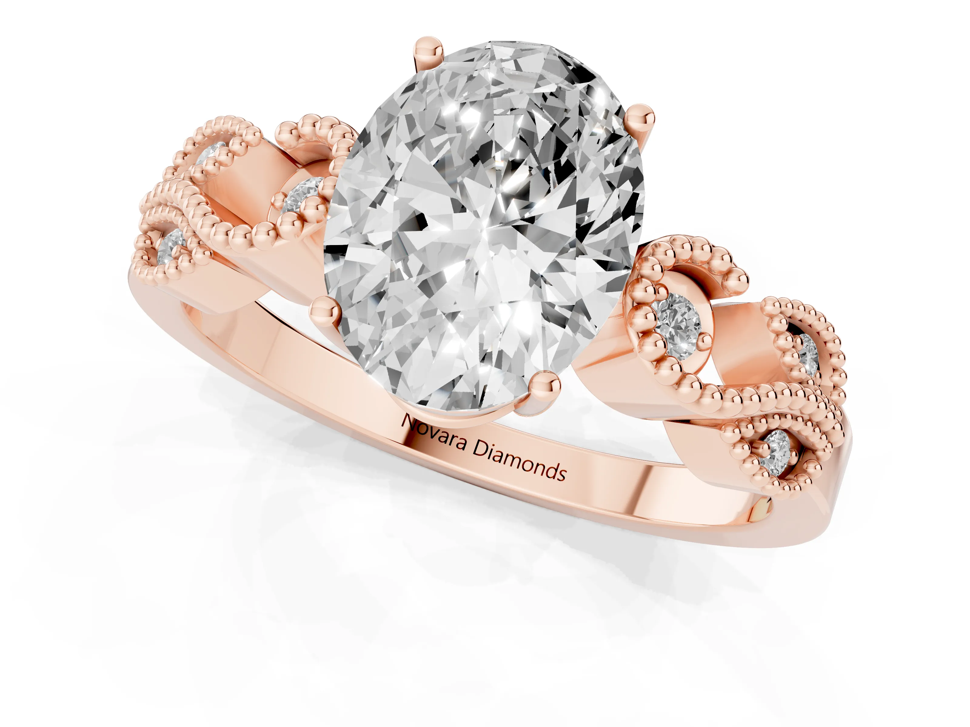 Oval Cut Diamond Milgrain Leaf Band Solitaire Ring Set in Rose gold with Accent Stones and Prong Setting