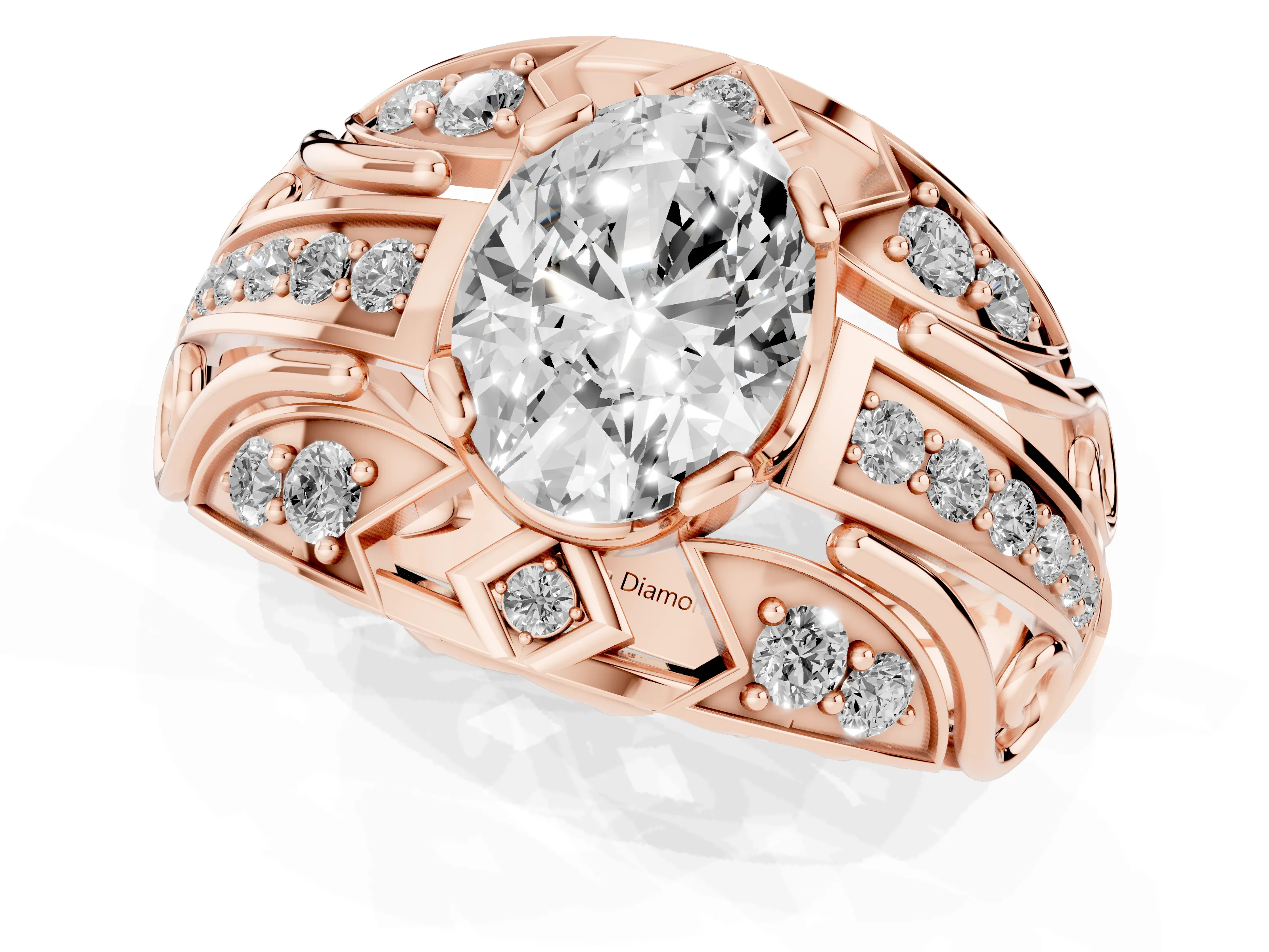 Oval Cut Diamond Art Deco Ring Set in Rose gold with Pavé Split Shank