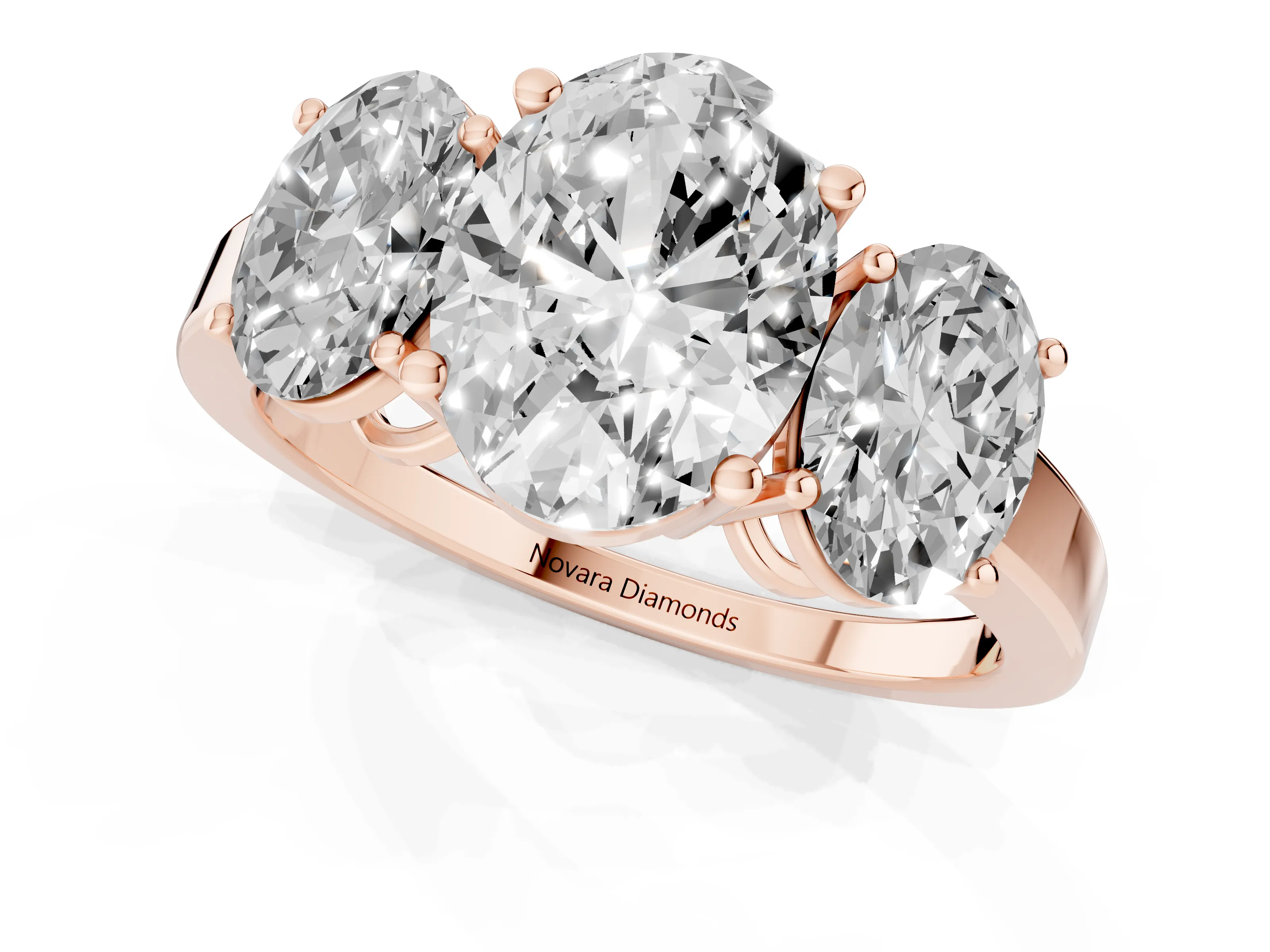 Oval Cut Diamond Three-Stone Engagement Ring Set in Rose gold with Flat Band