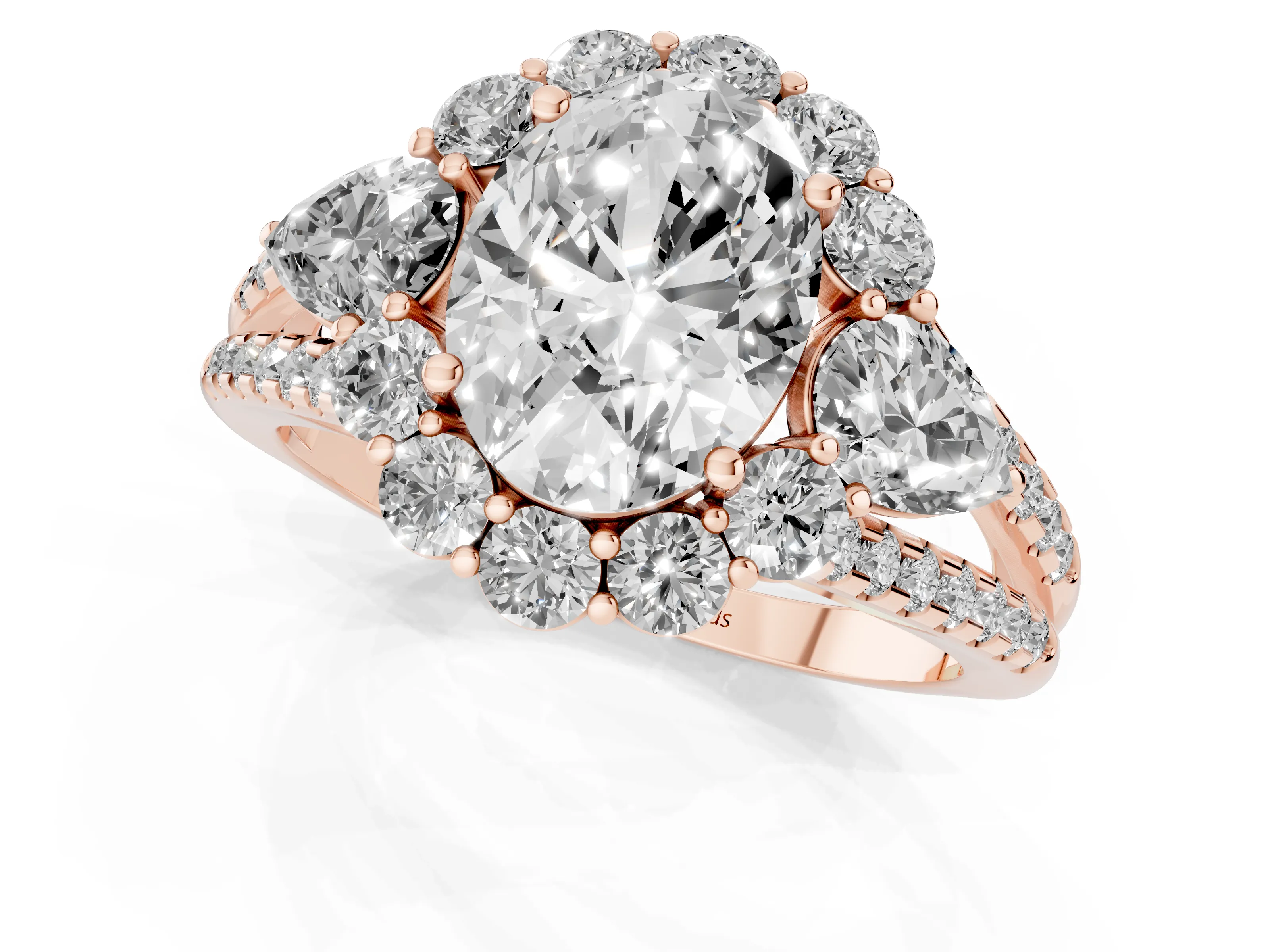 Oval Cut Diamond Halo Split Shank Engagement Ring Set in Rose gold with Prong-Held Center Stone