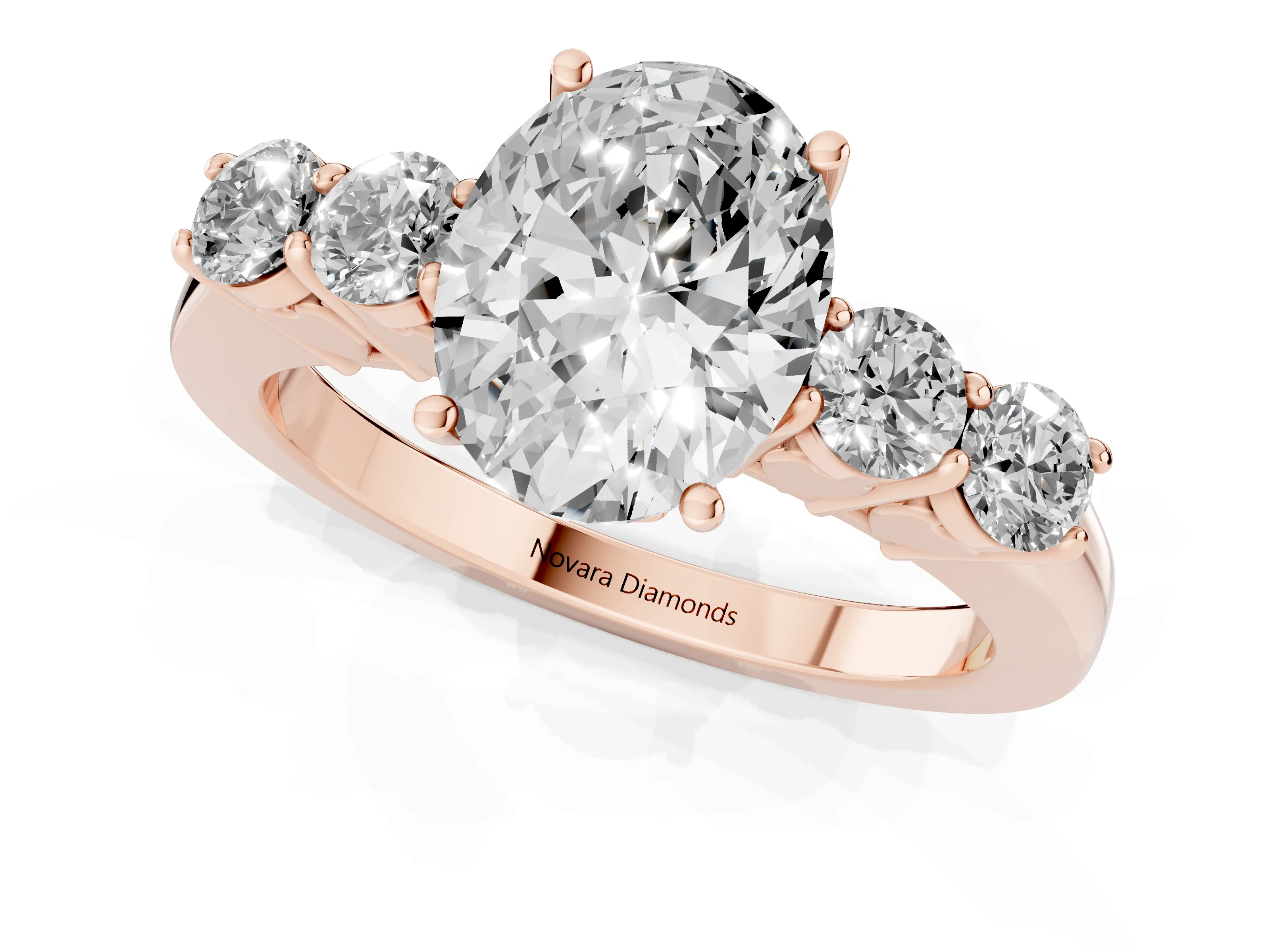 Oval Cut Diamond Five-Stone Prong Set Band Ring Set in Rose gold with Polished Band