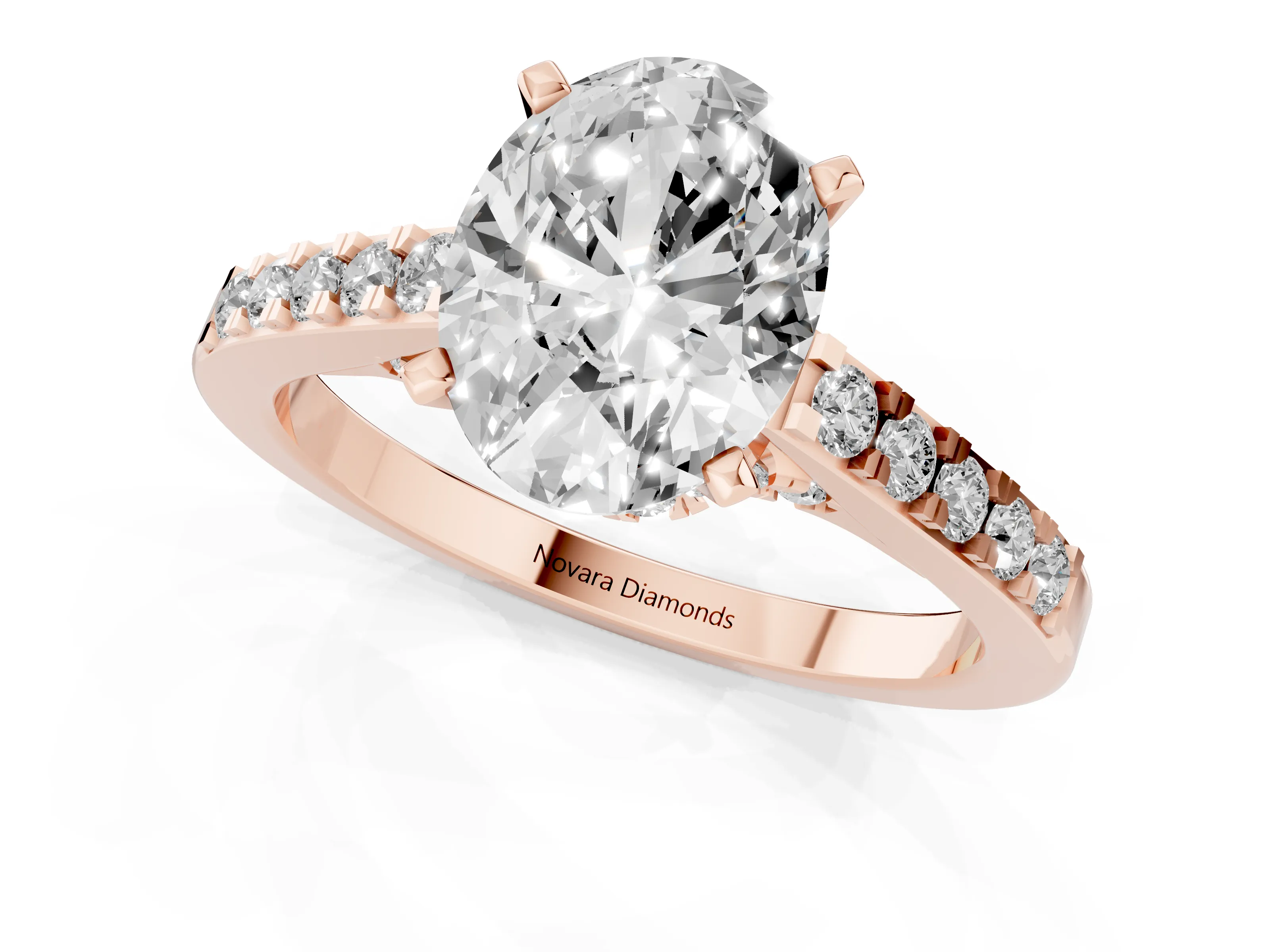 Oval Cut Diamond Solitaire Ring Set in Rose gold with Crossover Gallery and Round Pavé Band