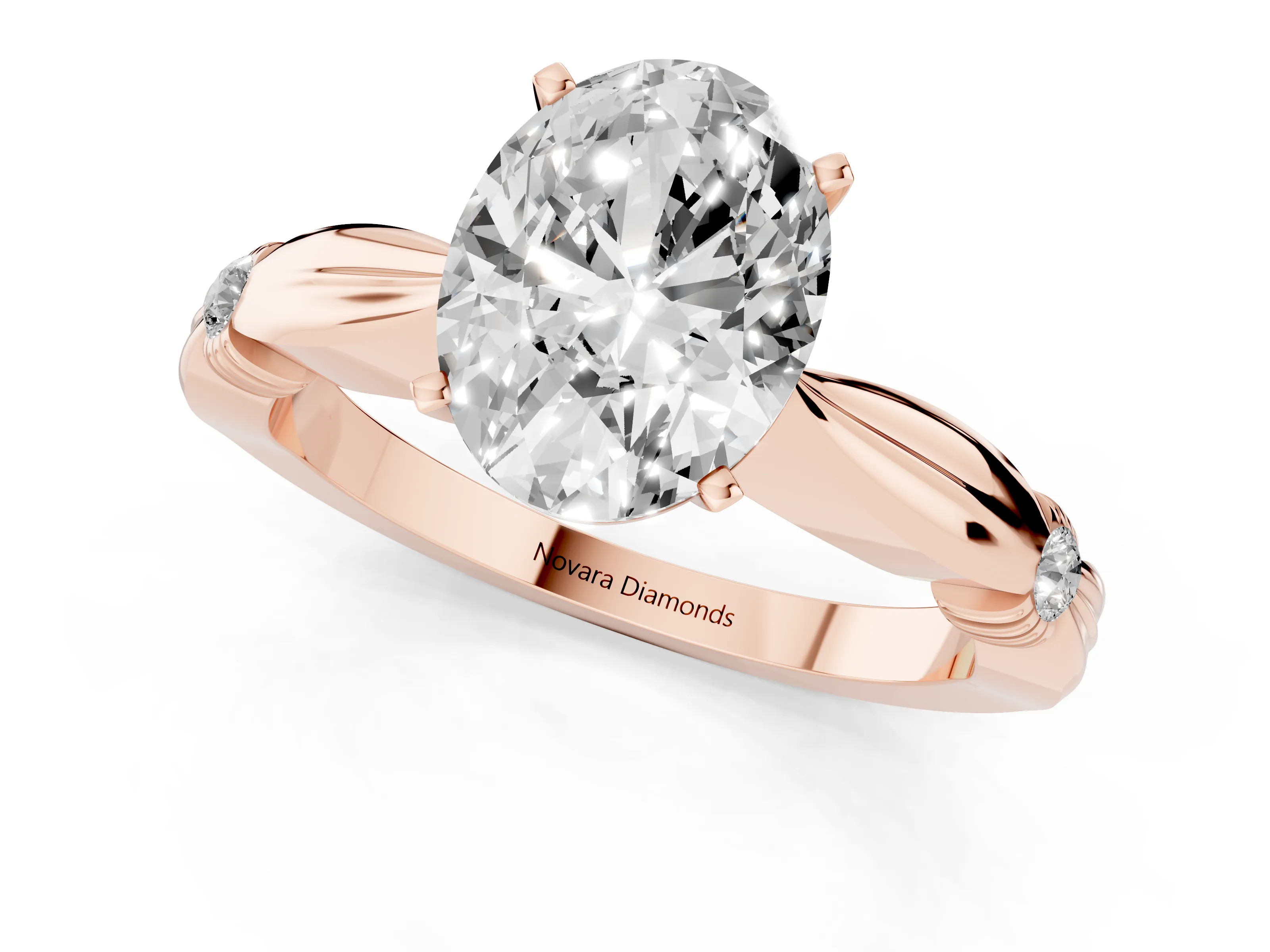 Oval Cut Diamond Solitaire Twisted Band Ring Set in Rose gold with Accent Stones and Prong Setting