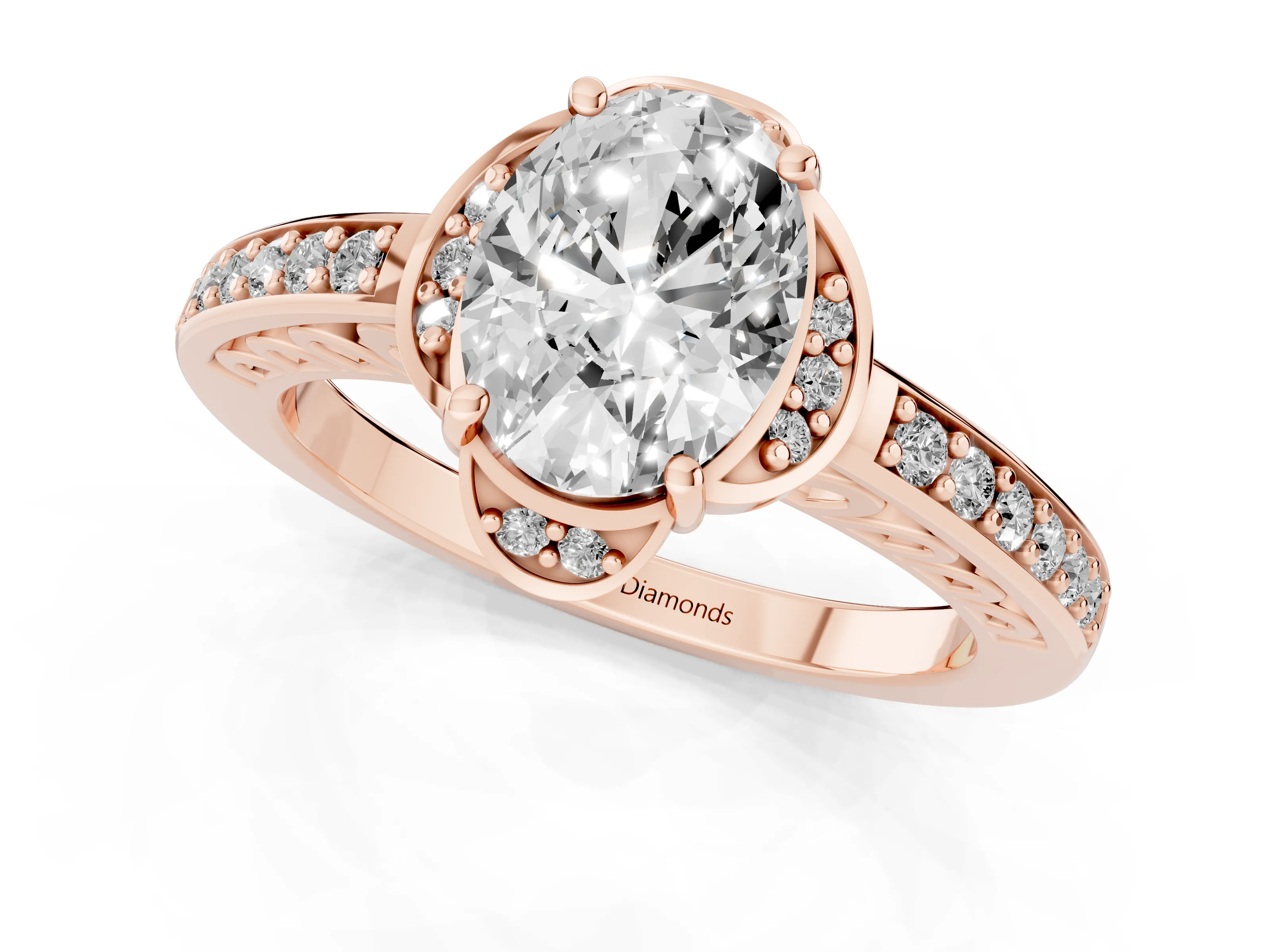 Oval Cut Diamond Halo Ring Set in Rose gold with Channel Set Band and Prong Setting