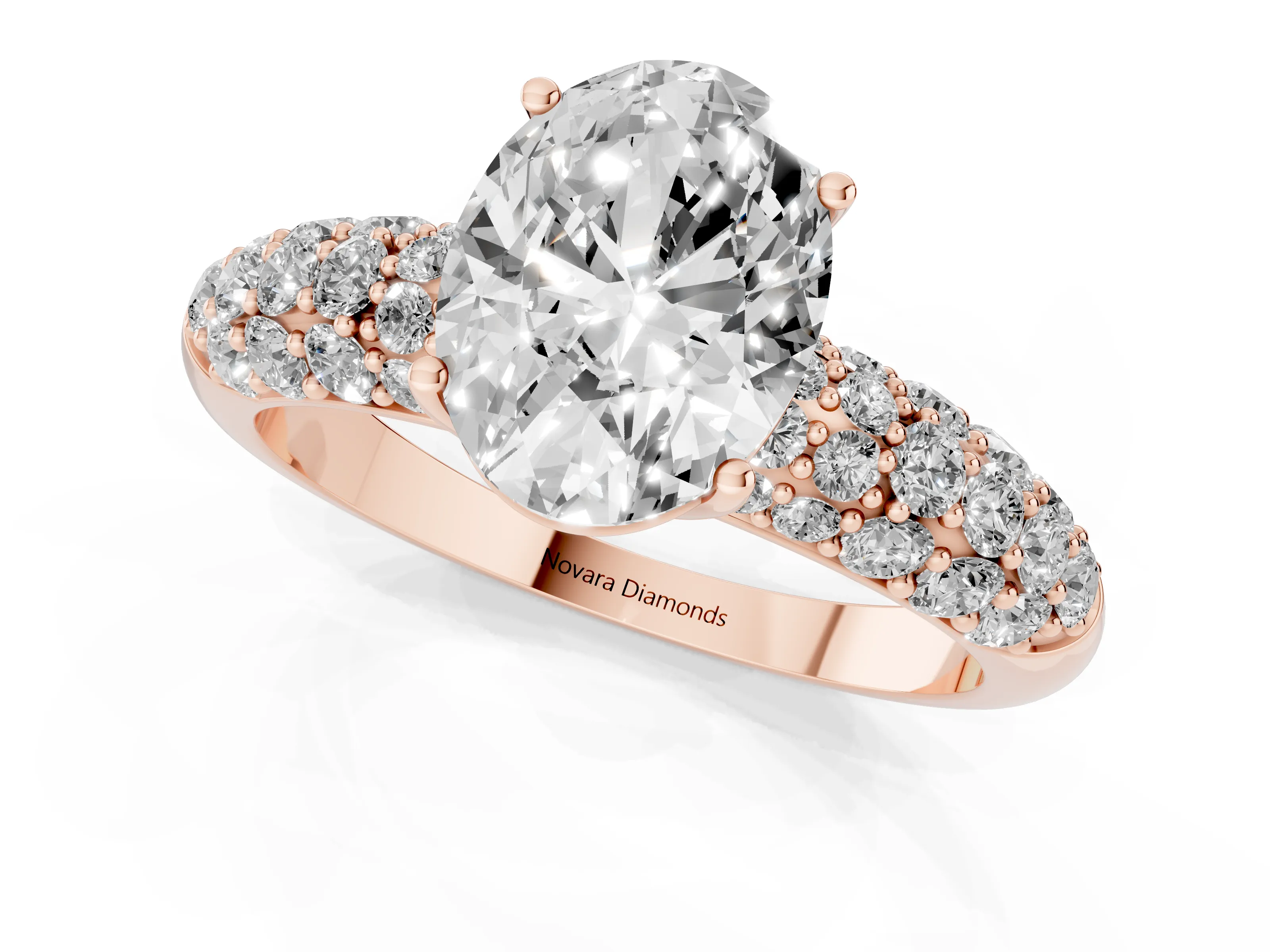 Oval Cut Diamond Pavé Band Solitaire Ring Set in Rose gold with Close-Set Accent Stones and Prong Setting