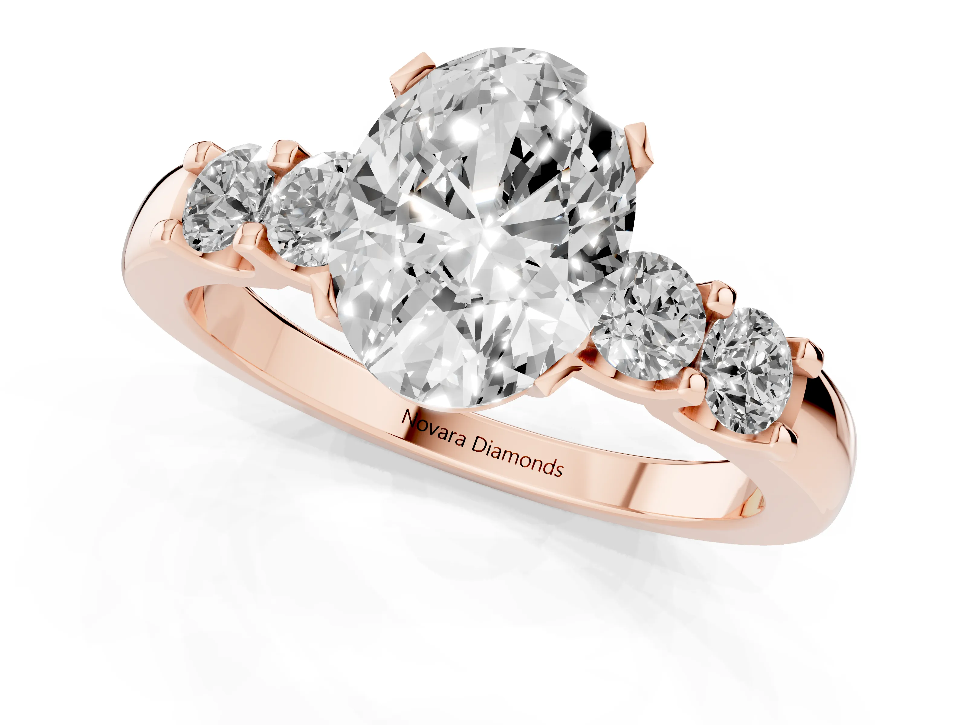 Oval Cut Diamond Five-Stone Prong Set Engagement Ring Set in Rose gold with Channel Band