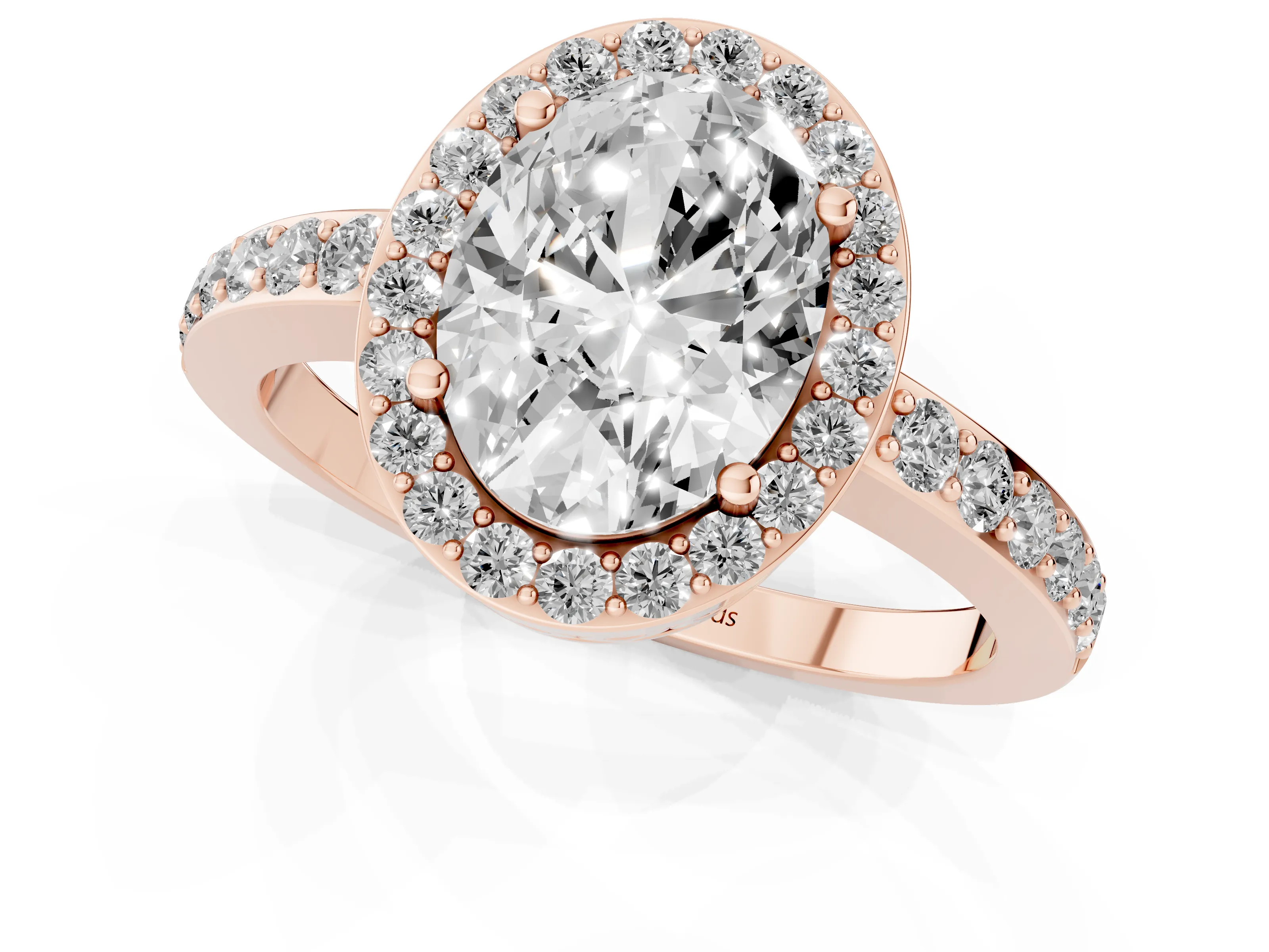 Oval Cut Diamond Halo Ring Set in Rose gold with Pavé-Setting Band and Open Prong Center