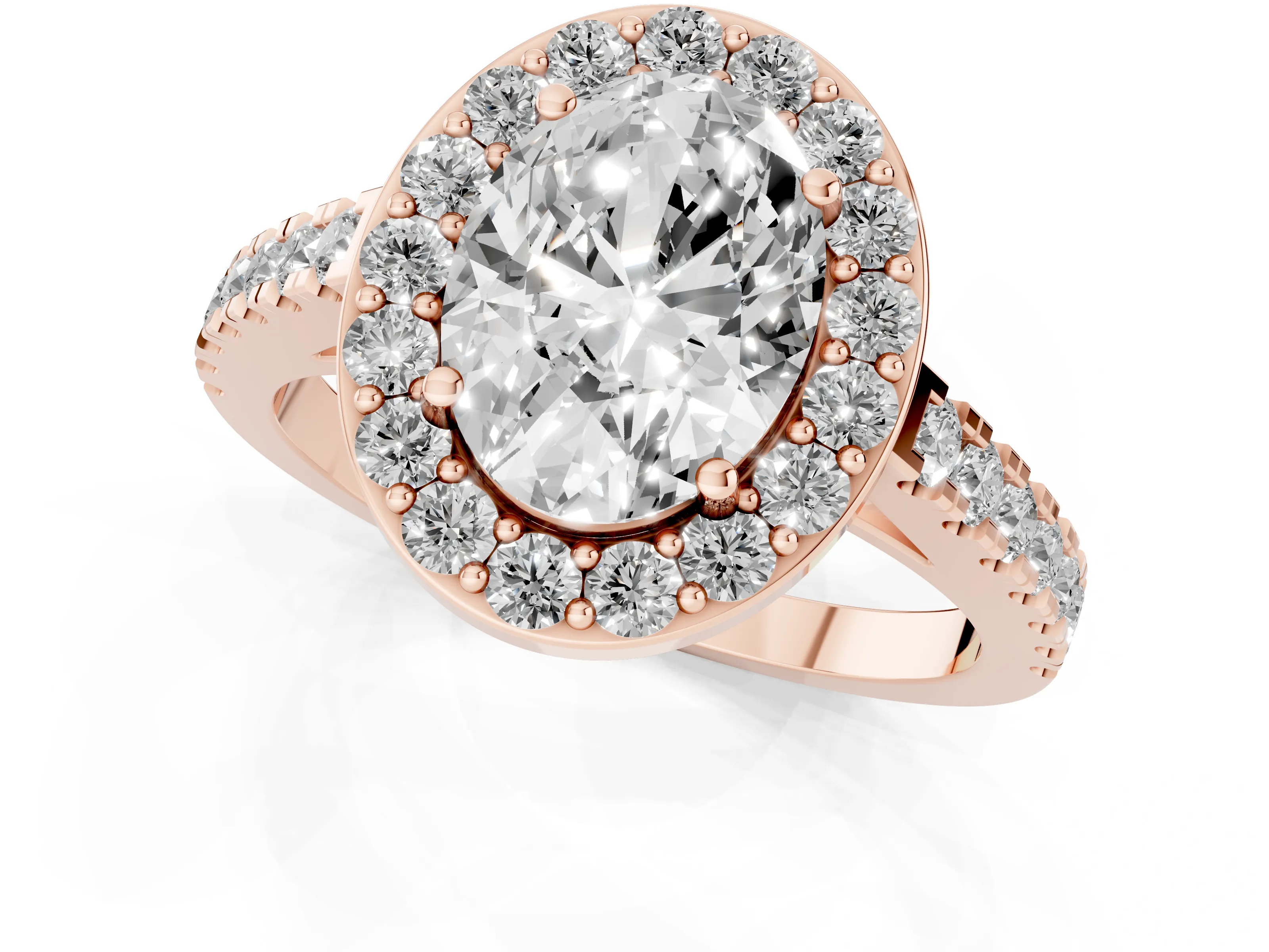 Oval Cut Diamond Halo Ring Set in Rose gold with Round Pavé Split Shank and Prong Setting