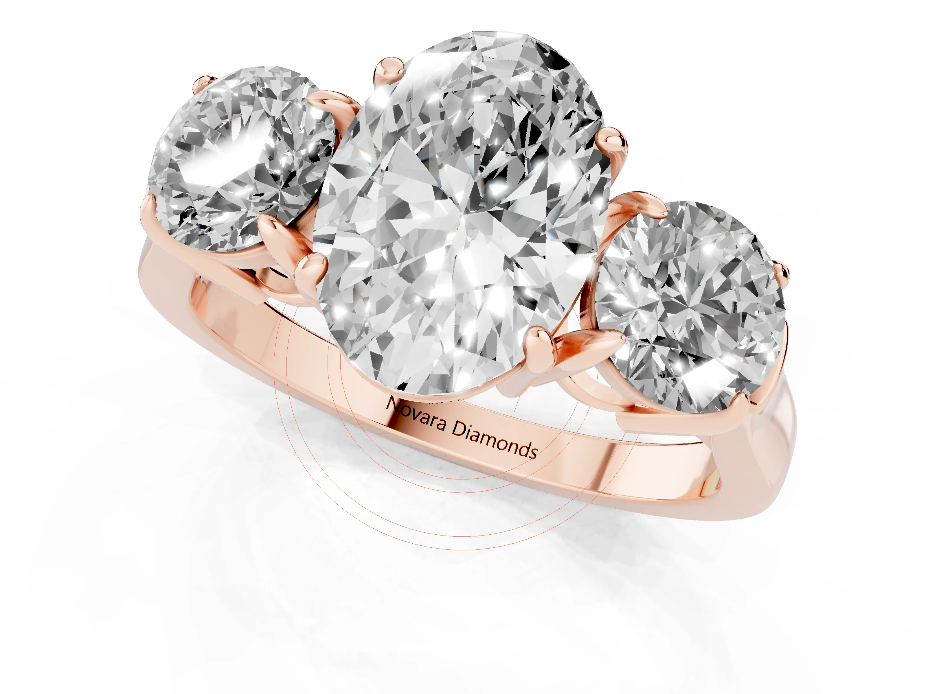 Oval Cut Diamond Three-Stone Ring Set in Rose gold with Round Accent Stones and Plain Band