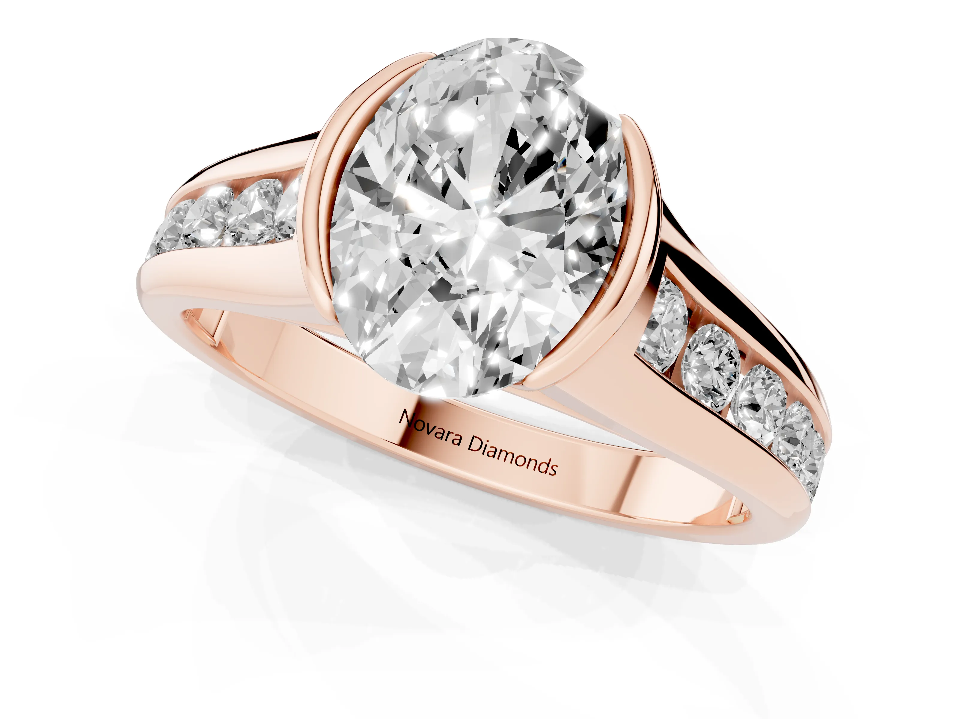 Oval Cut Diamond Bezel-Set Solitaire Ring Set in Rose gold with Channel-Set Band