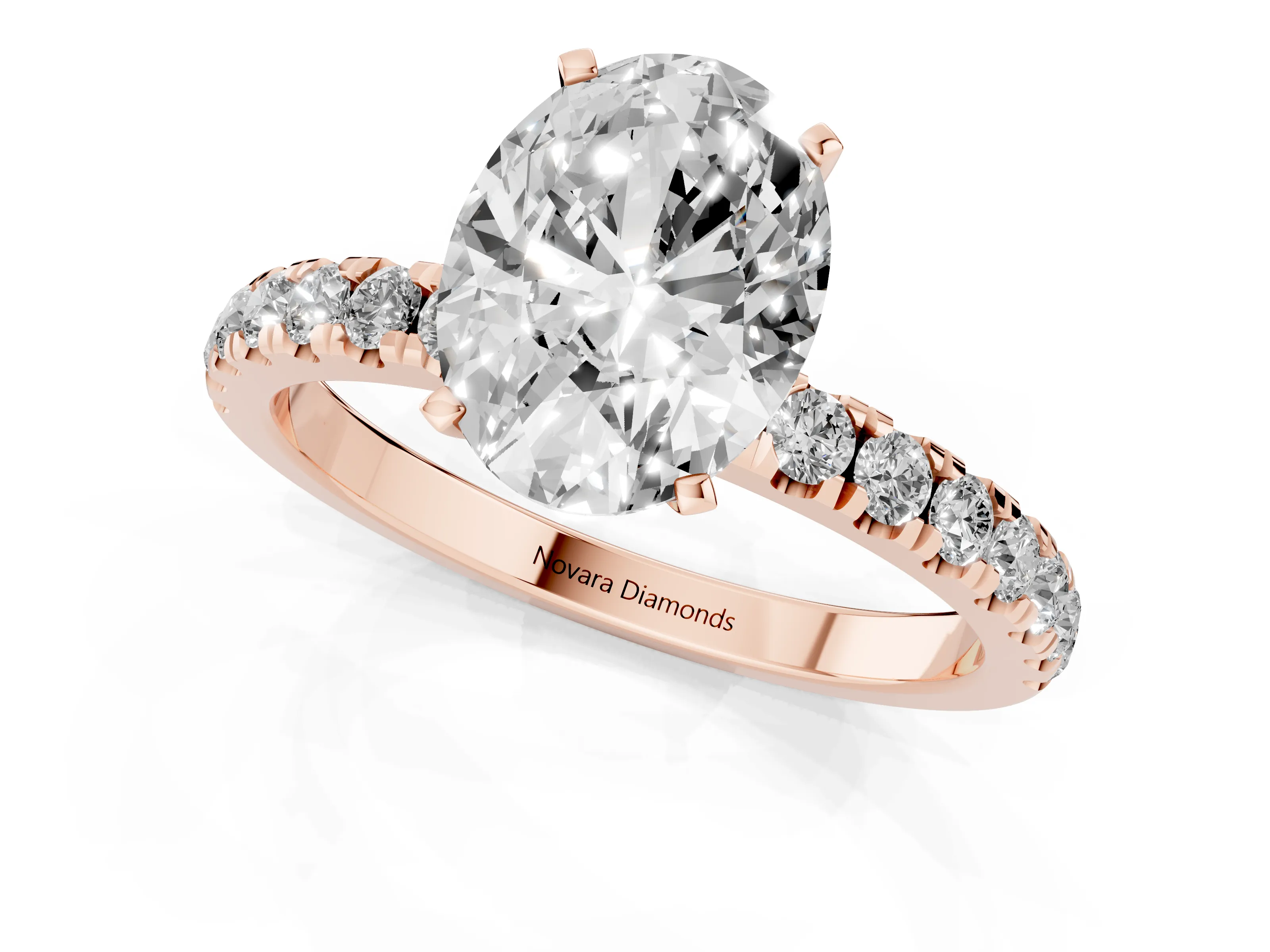 Oval Cut Diamond Solitaire Ring Set in Rose gold with Pavé Accents and Prong Setting
