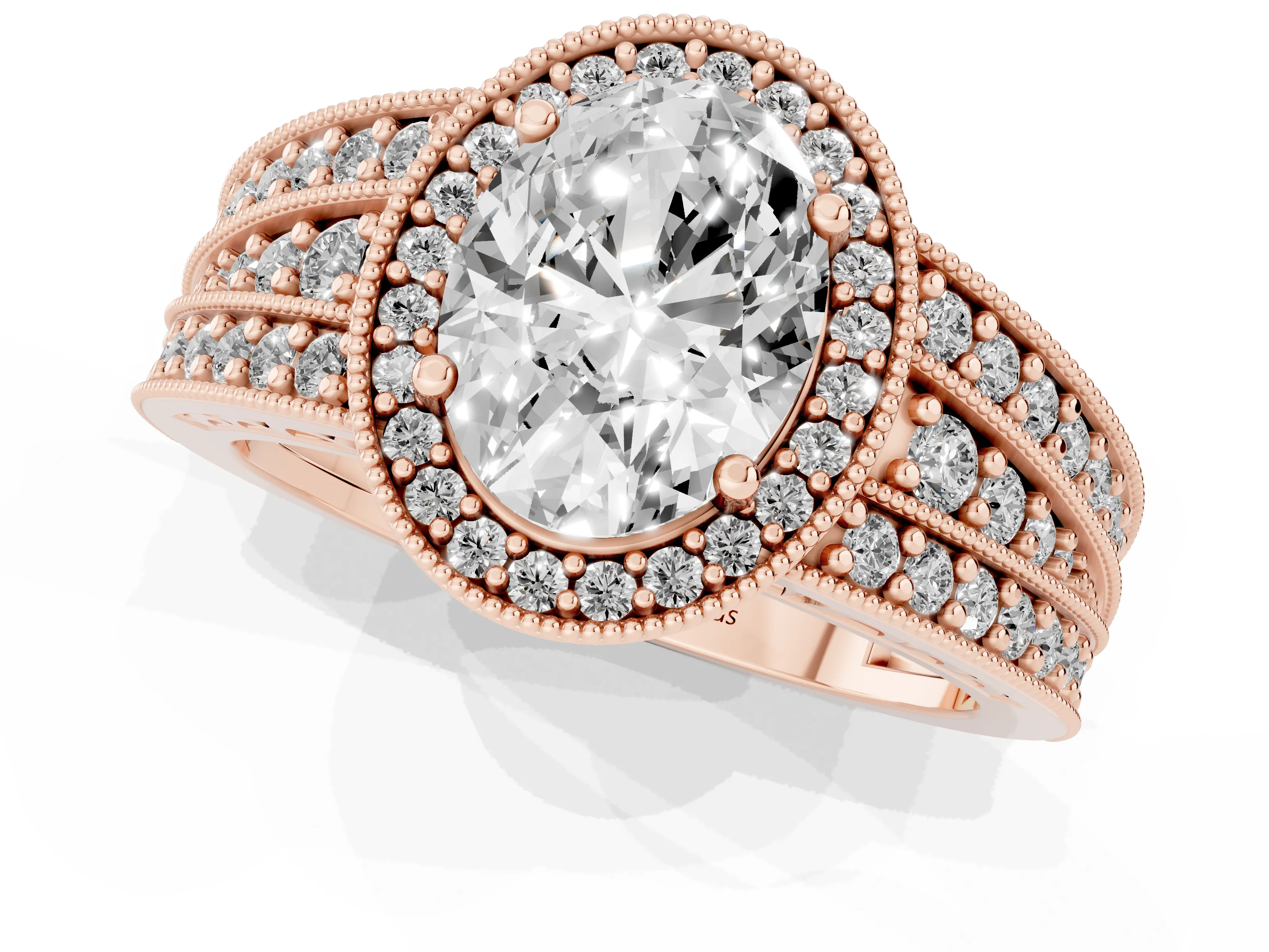 Oval Cut Diamond Halo Ring Set in Rose gold with Accent Split Shank and Prong Setting