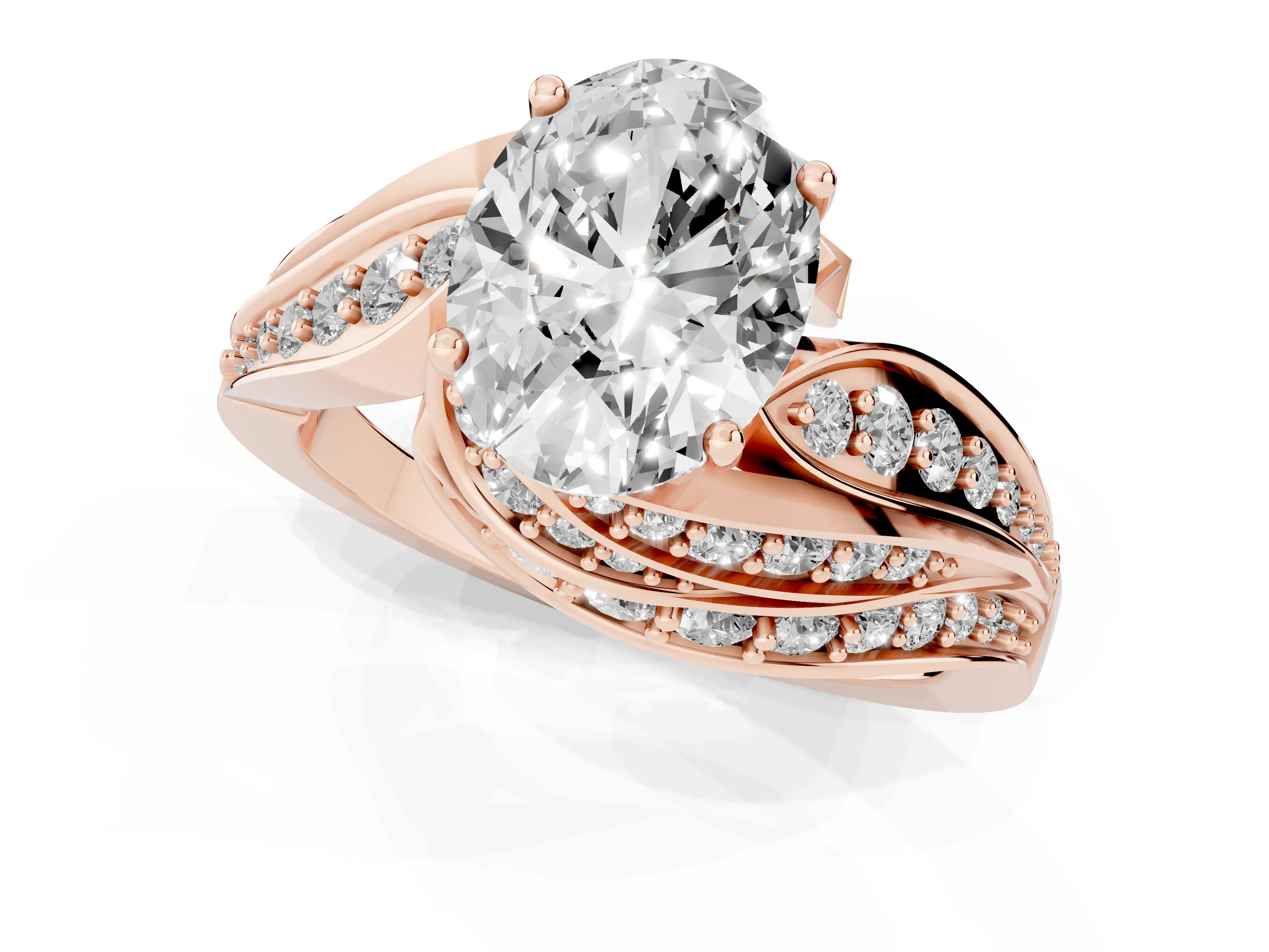 Oval Cut Diamond Solitaire Ring Set in Rose gold with Layered Twist Pavé Band