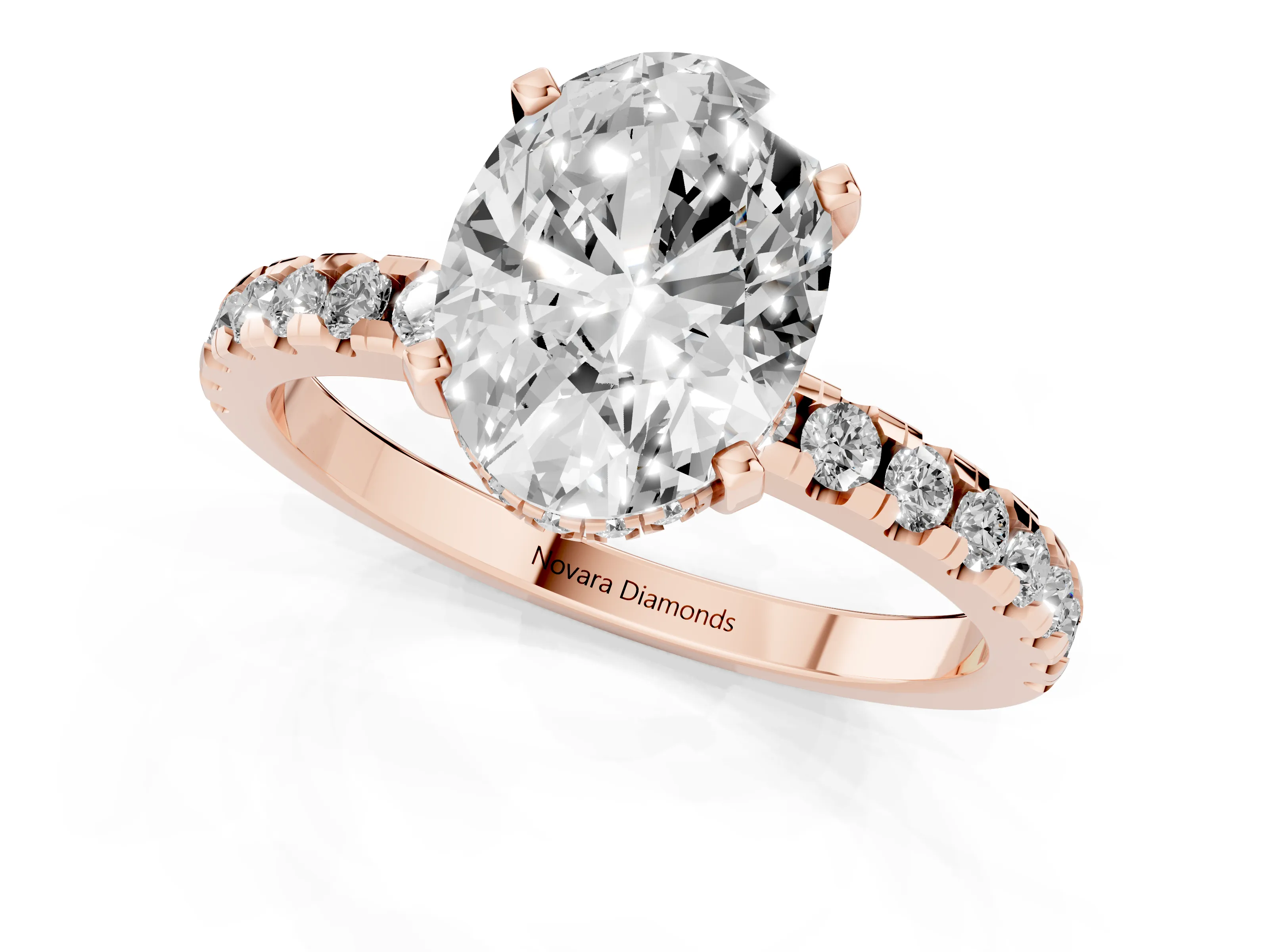 Oval Cut Diamond Pavé Solitaire Ring Set in Rose gold with Round Band Accents and Prong Setting