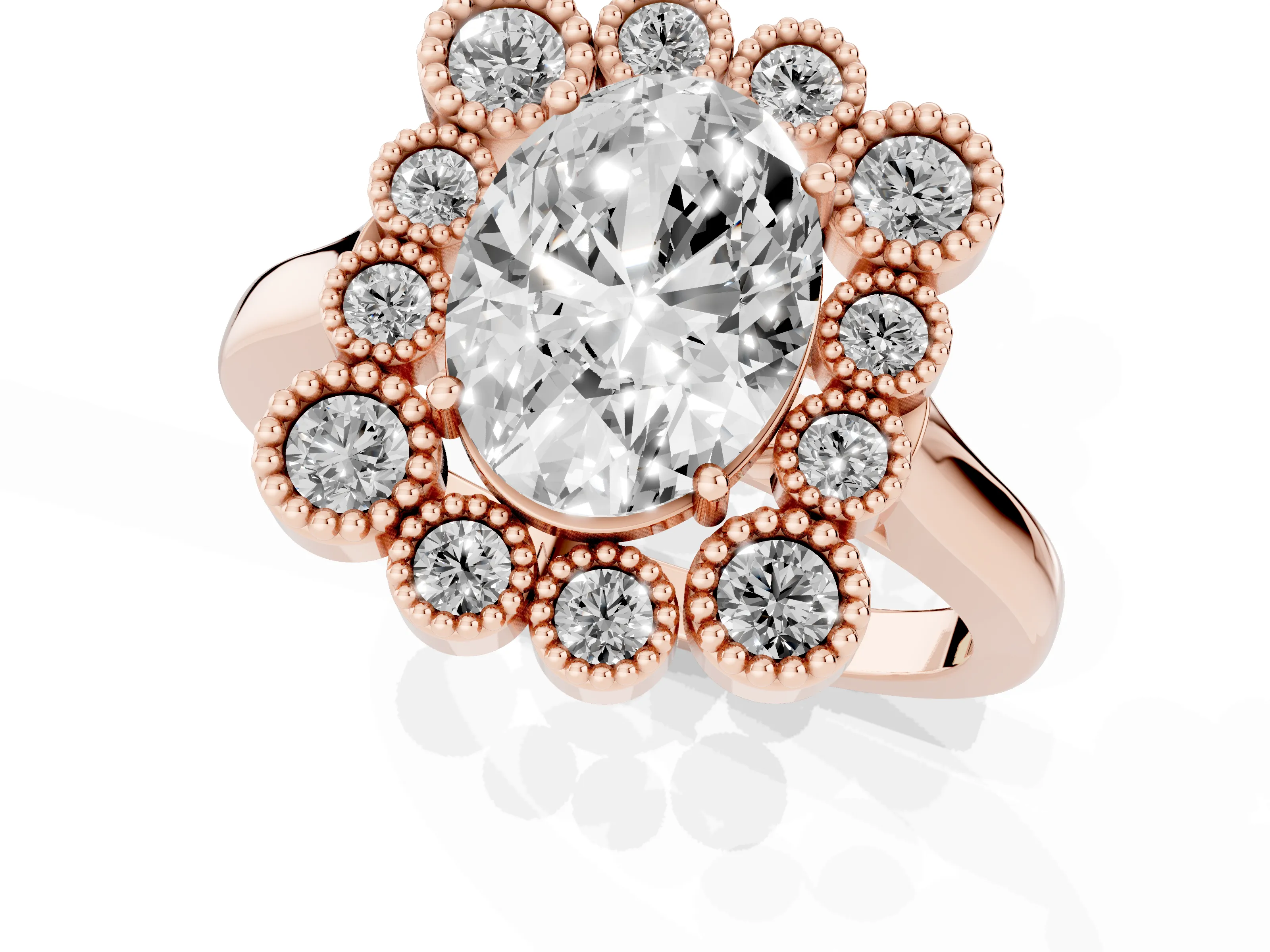 Oval Cut Diamond Cluster Halo Ring Set in Rose gold with Milgrain Bezel Accents and Plain Band