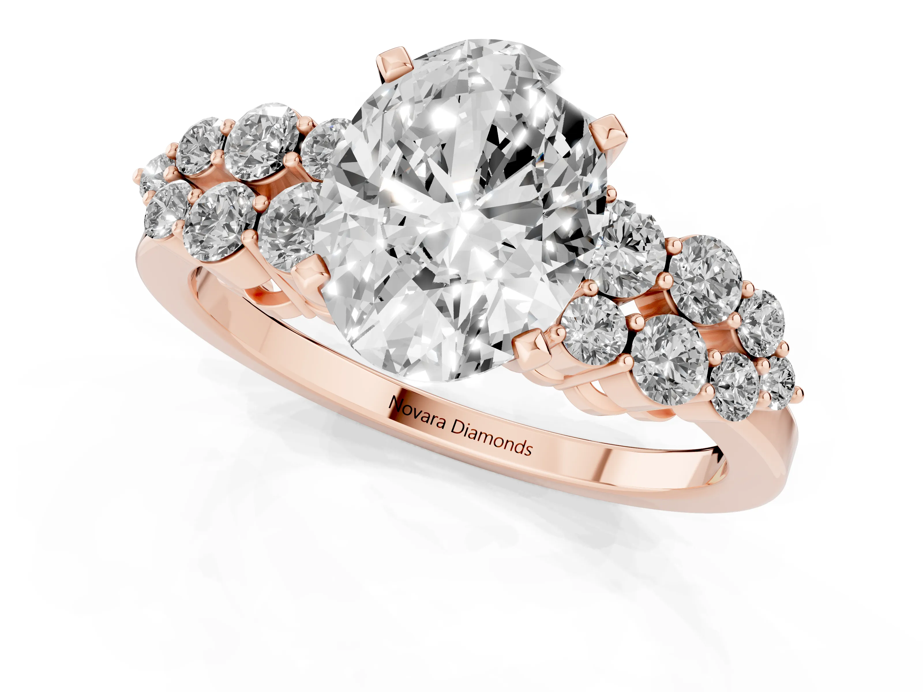 Oval Cut Diamond Cluster Engagement Ring Set in Rose gold with Pavé Band and Prong Setting