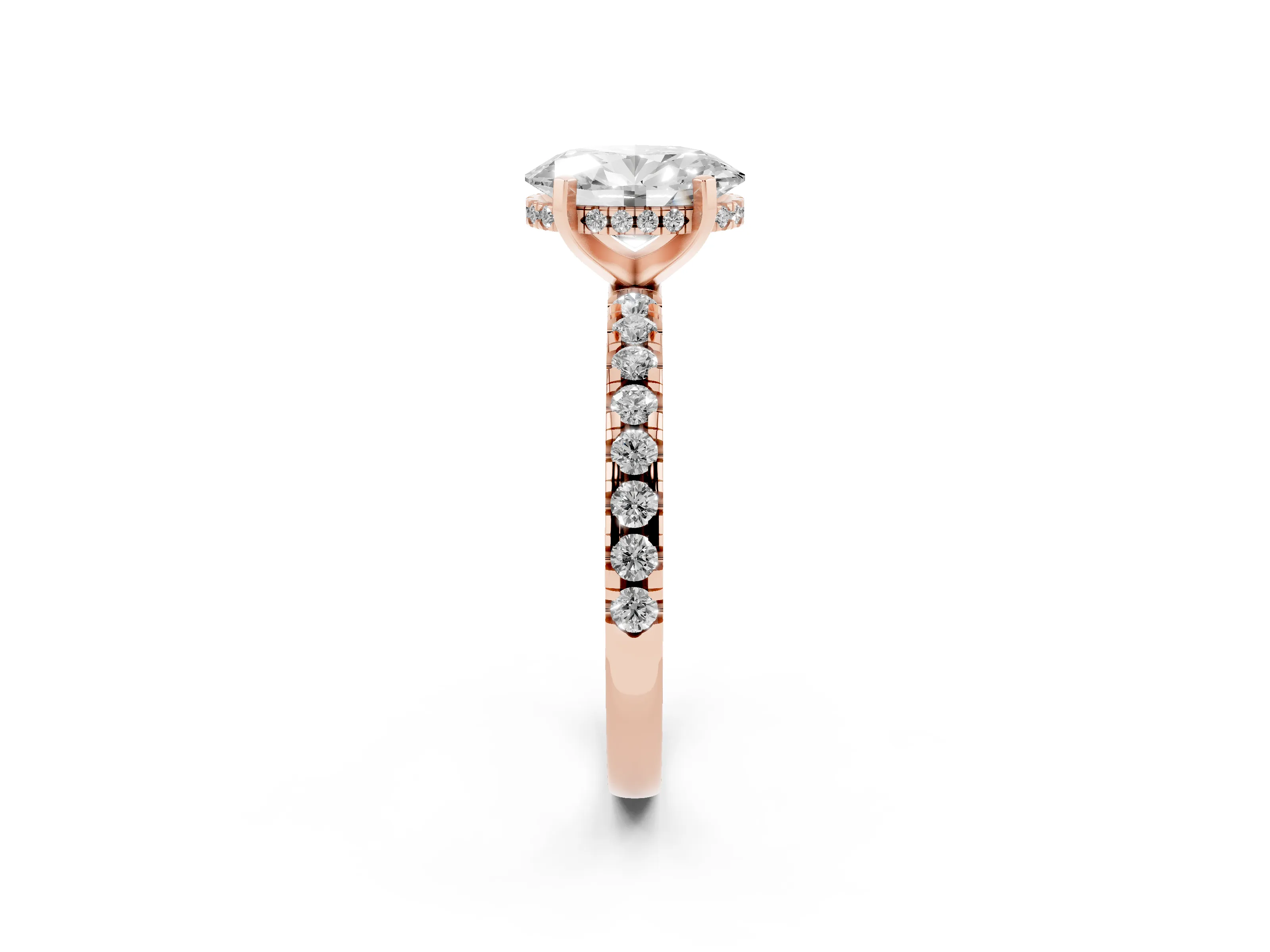 Oval Cut Diamond Pavé Solitaire Ring Set in Rose gold with Round Band Accents and Prong Setting