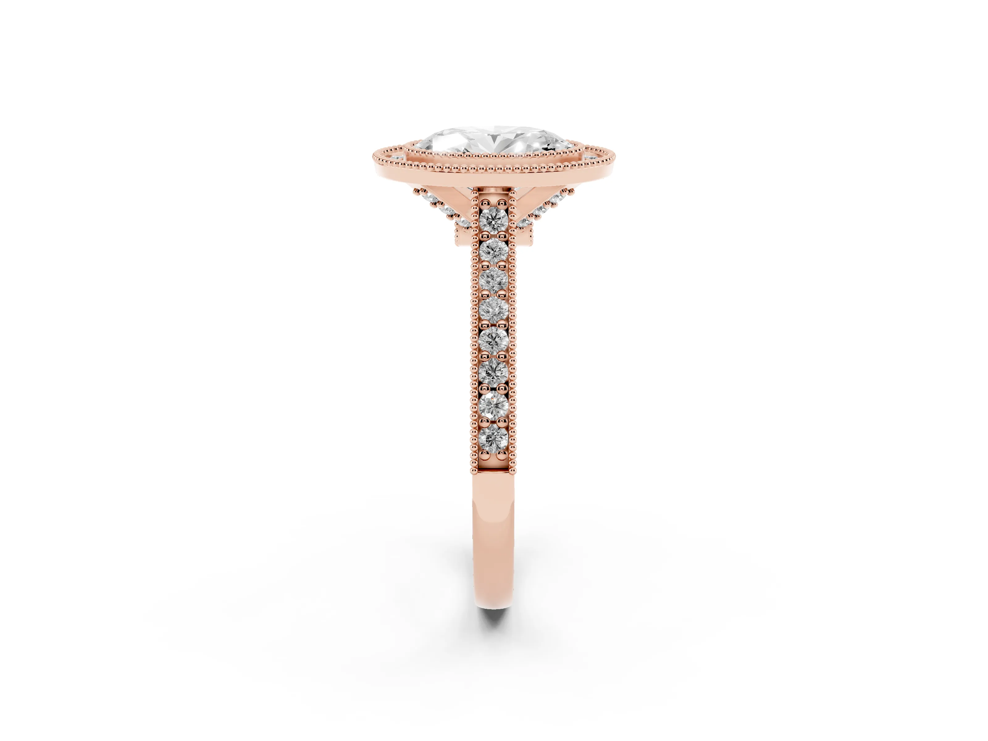 Oval Cut Diamond Halo Milgrain Pavé Band Ring Set in Rose gold with Prong Setting