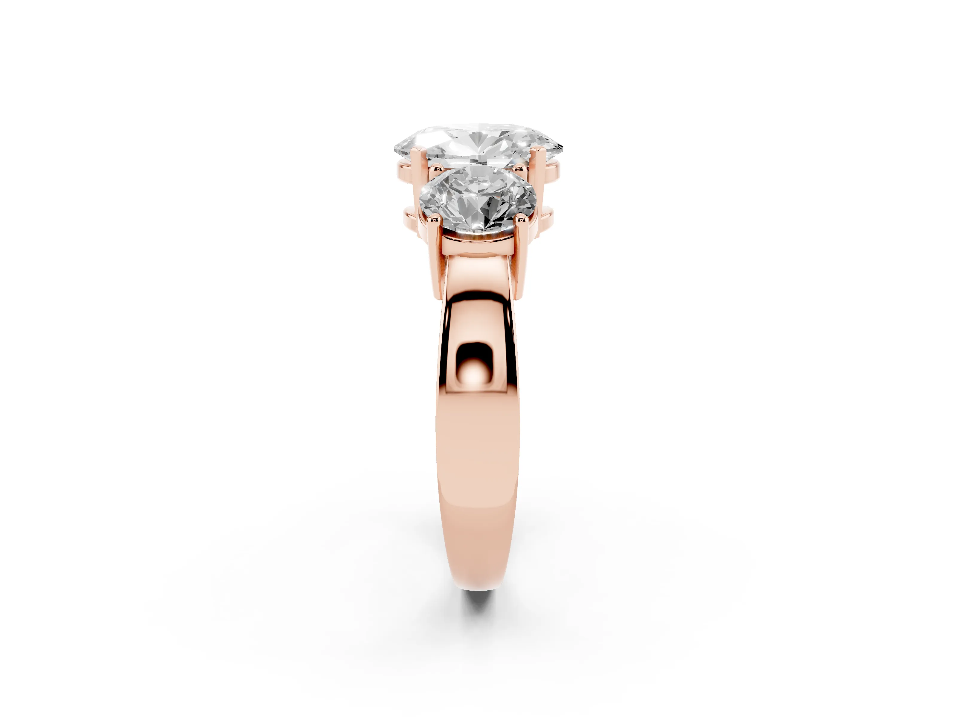 Oval Cut Diamond Three-Stone Ring Set in Rose gold with Round Side Stones and Classic Band
