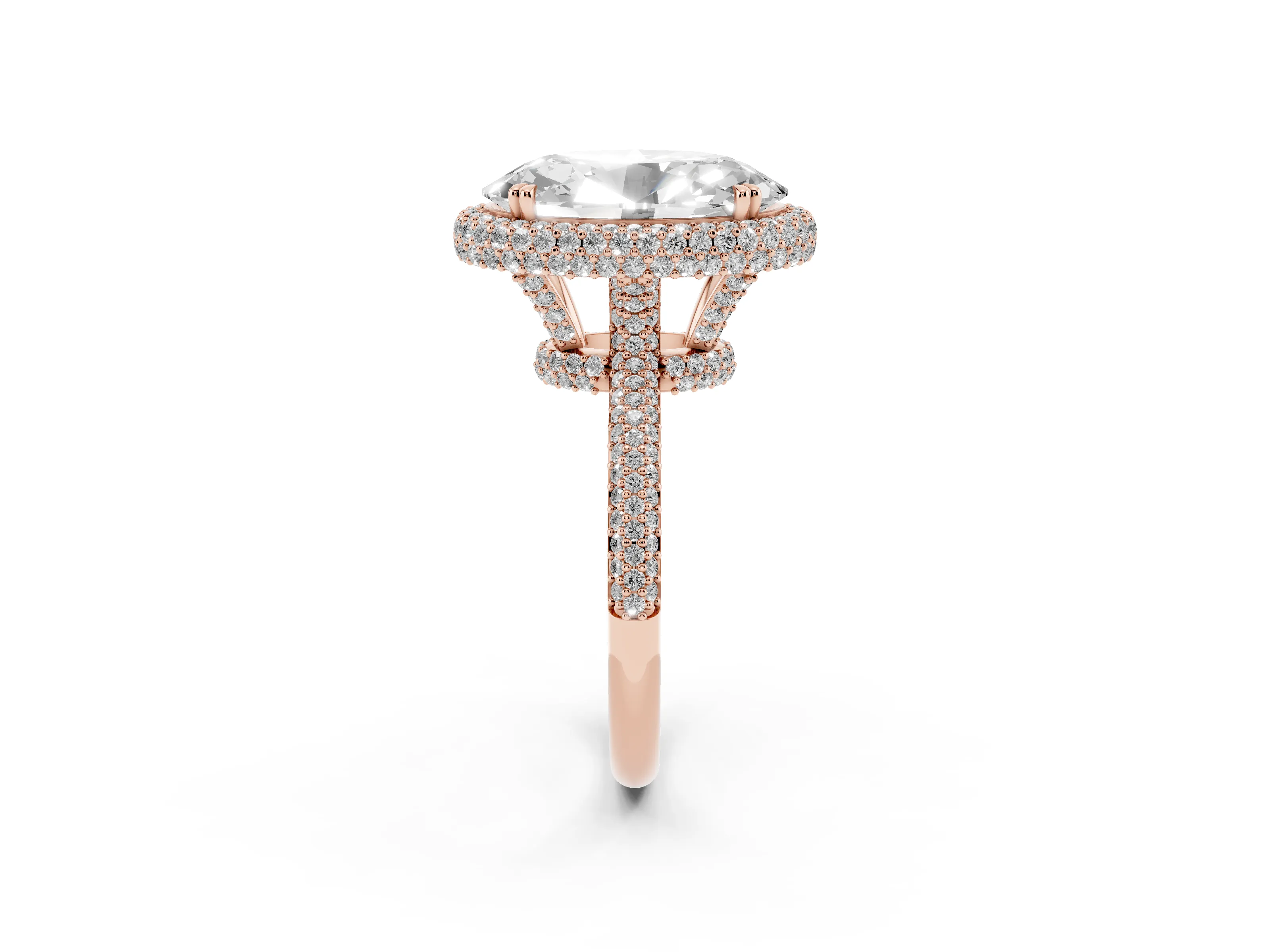 Oval Diamond Halo Ring Set in Rose gold with Round Accent Halo and Pavé Band