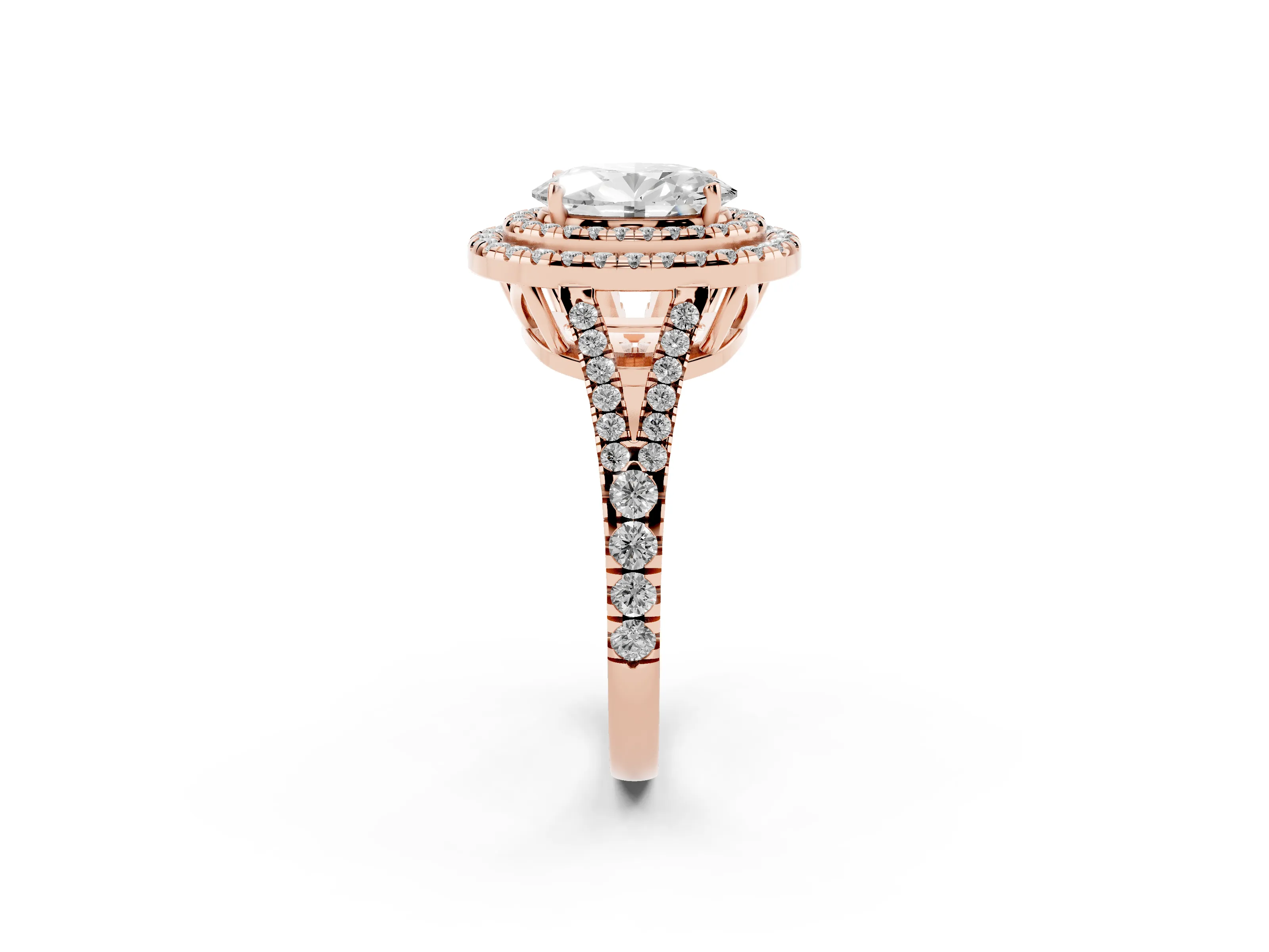Oval Cut Diamond Double Halo Ring Set in Rose gold with Pavé Band