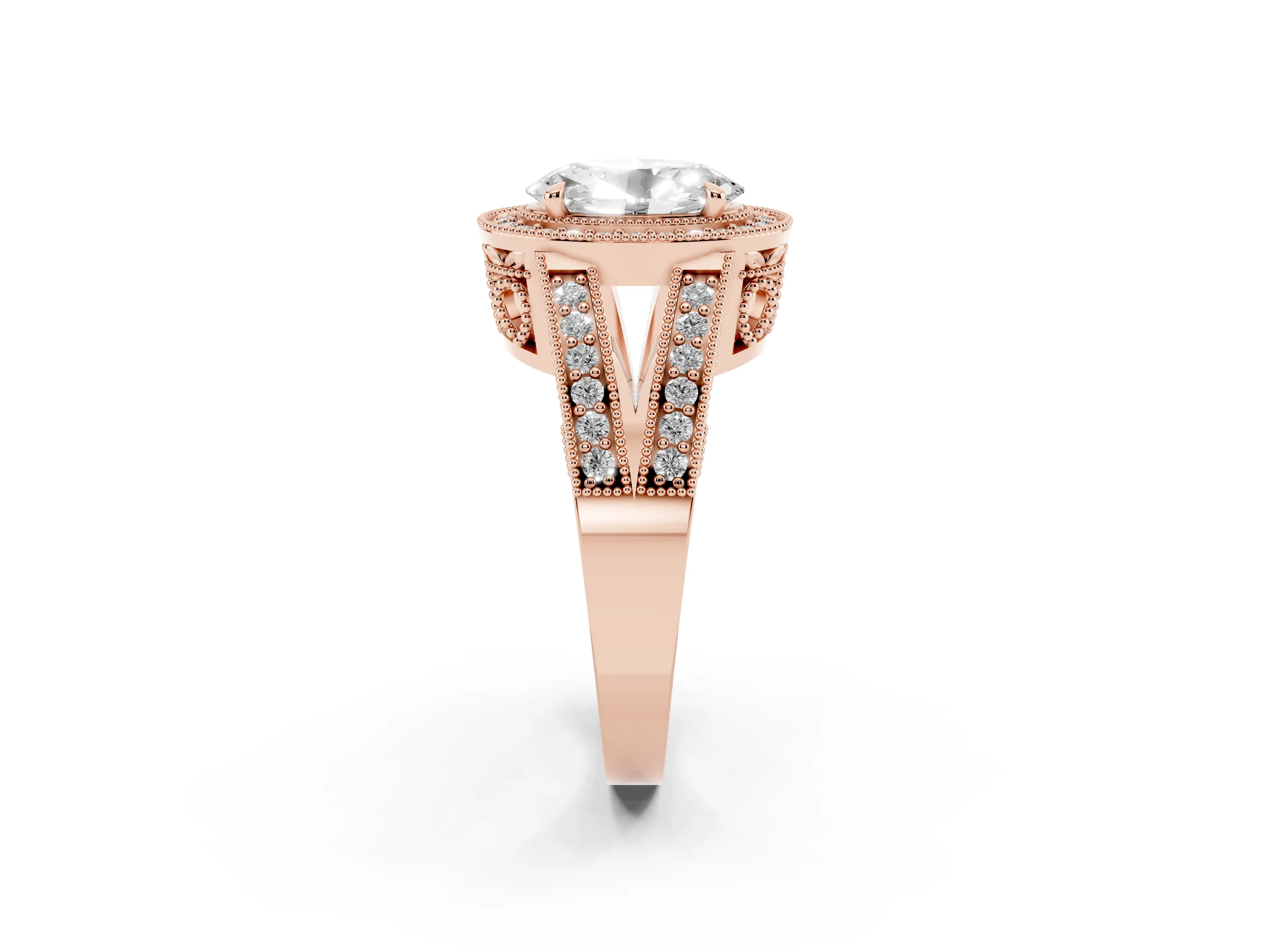 Oval Cut Diamond Halo Ring Set in Rose gold with Stone-Set Split Shank and Milgrain Edges