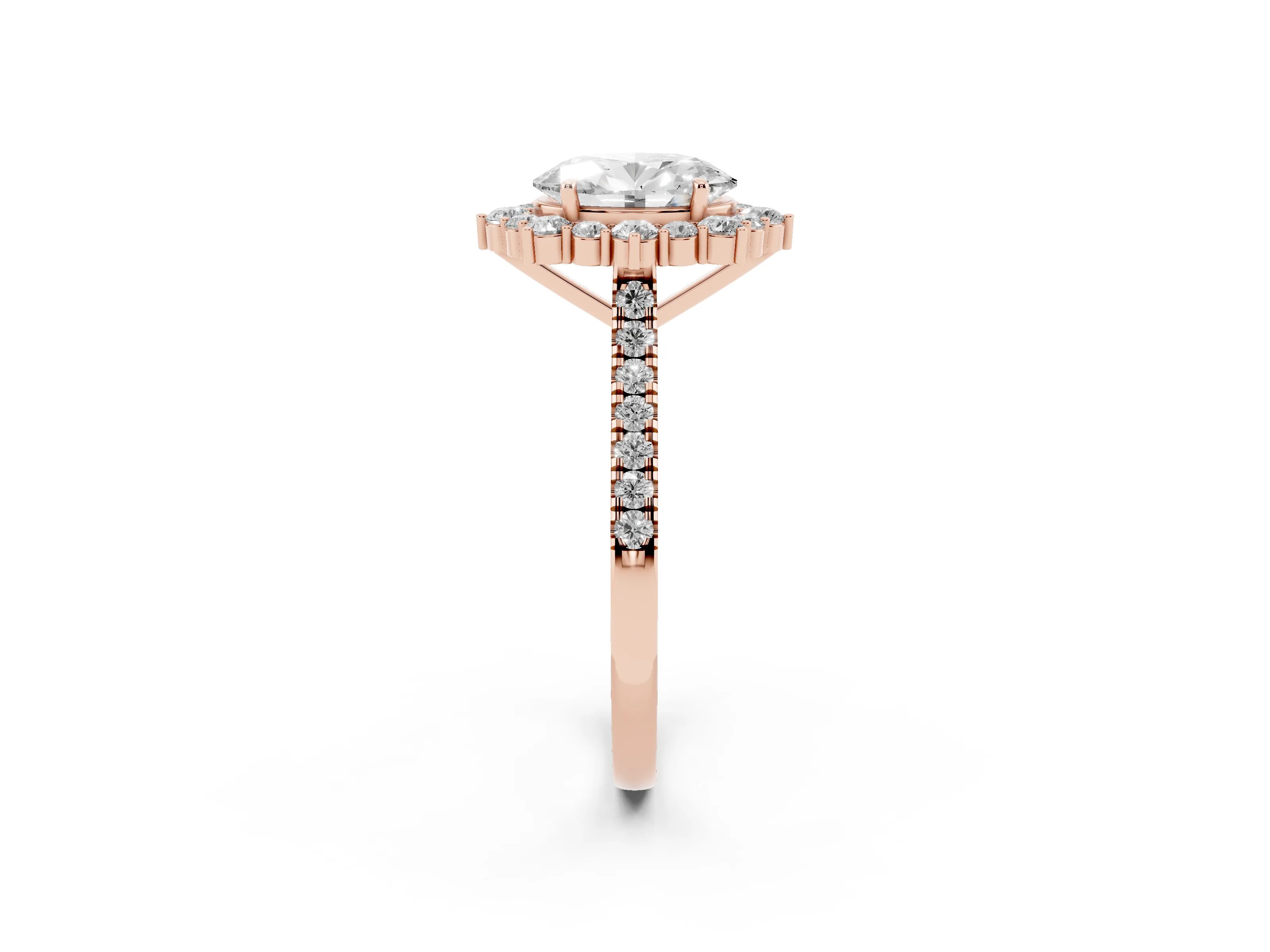 Oval Cut Diamond Halo Ring Set in Rose gold with Pavé Band and Prong Setting