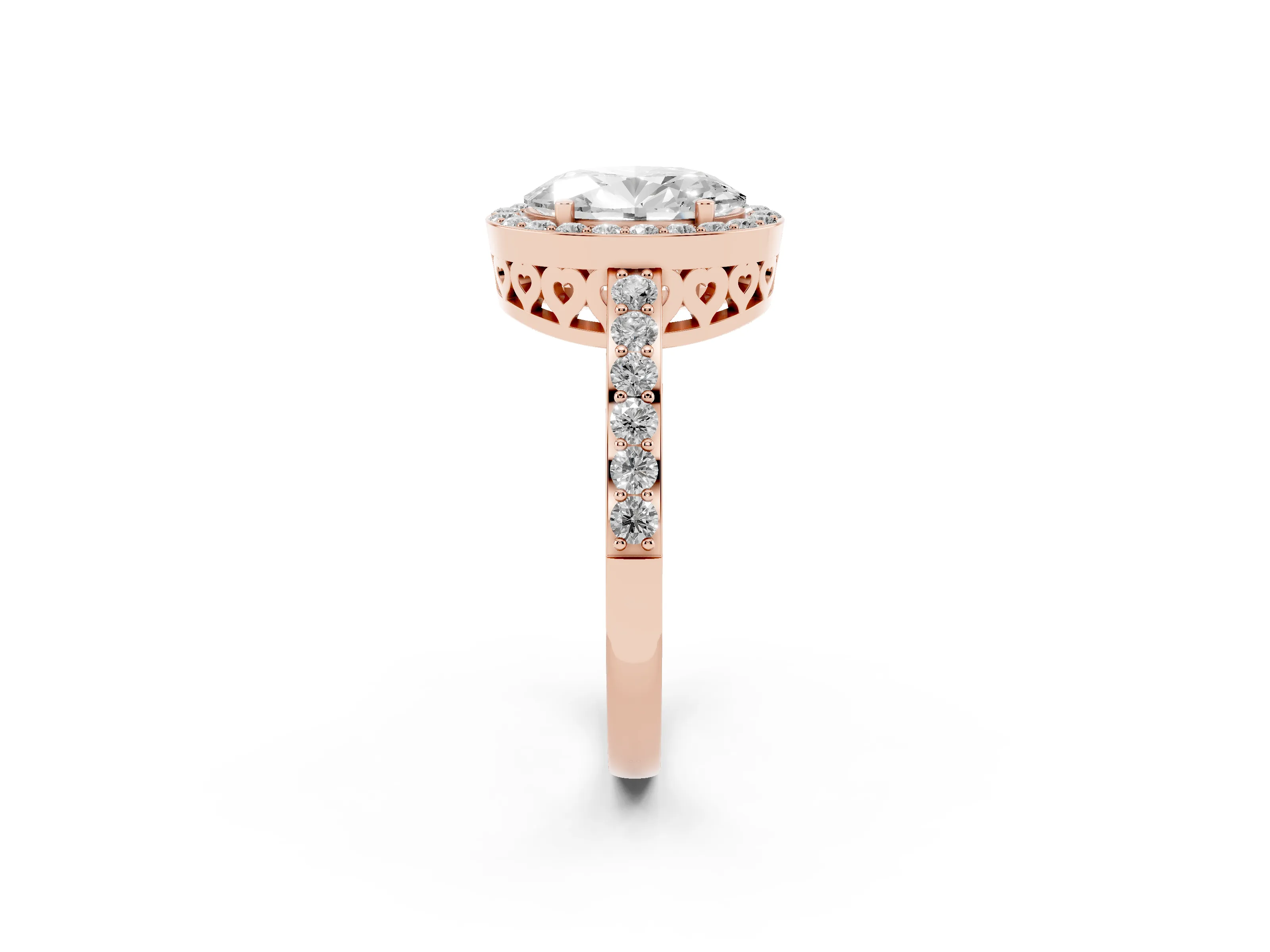 Oval Cut Diamond Halo Ring Set in Rose gold with Pavé-Setting Band and Open Prong Center