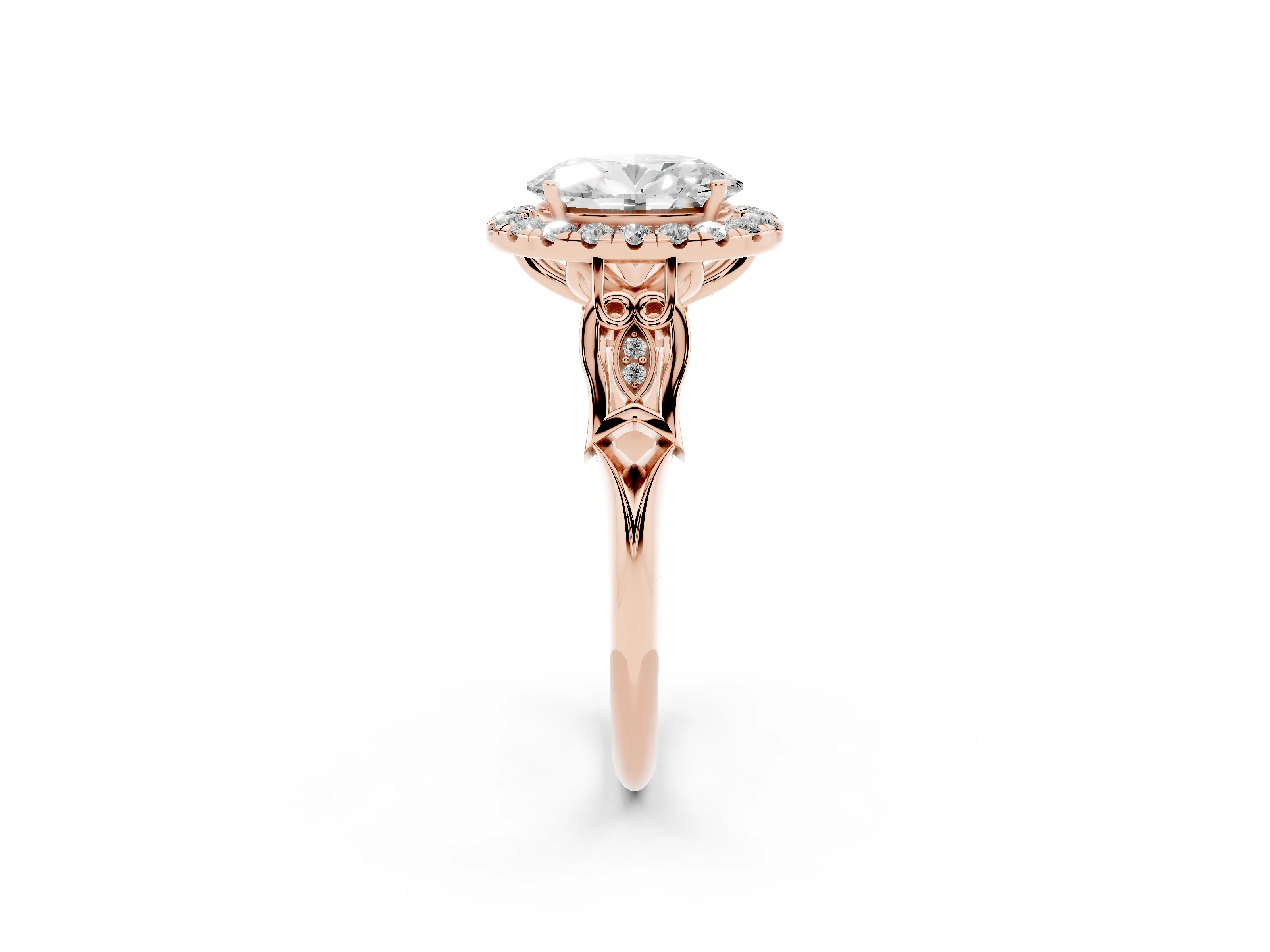 Oval Cut Diamond Halo Engagement Ring Set in Rose gold with Filigree Band and Prong-Set Center
