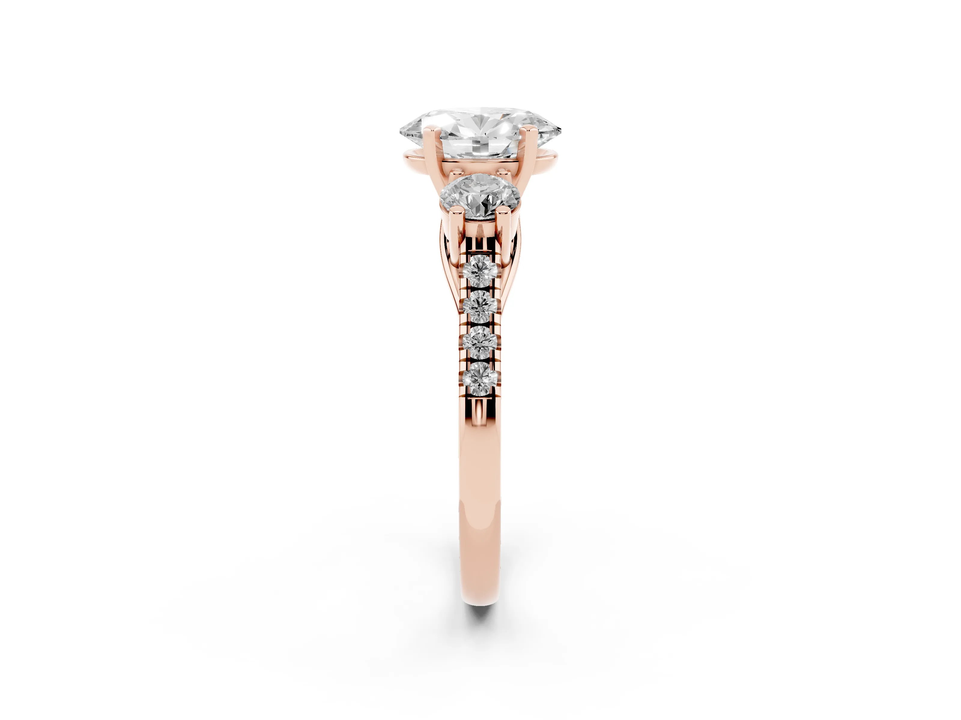 Three-Stone Oval Cut Diamond Pavé Band Ring Set in Rose gold with Prong-Set Trio