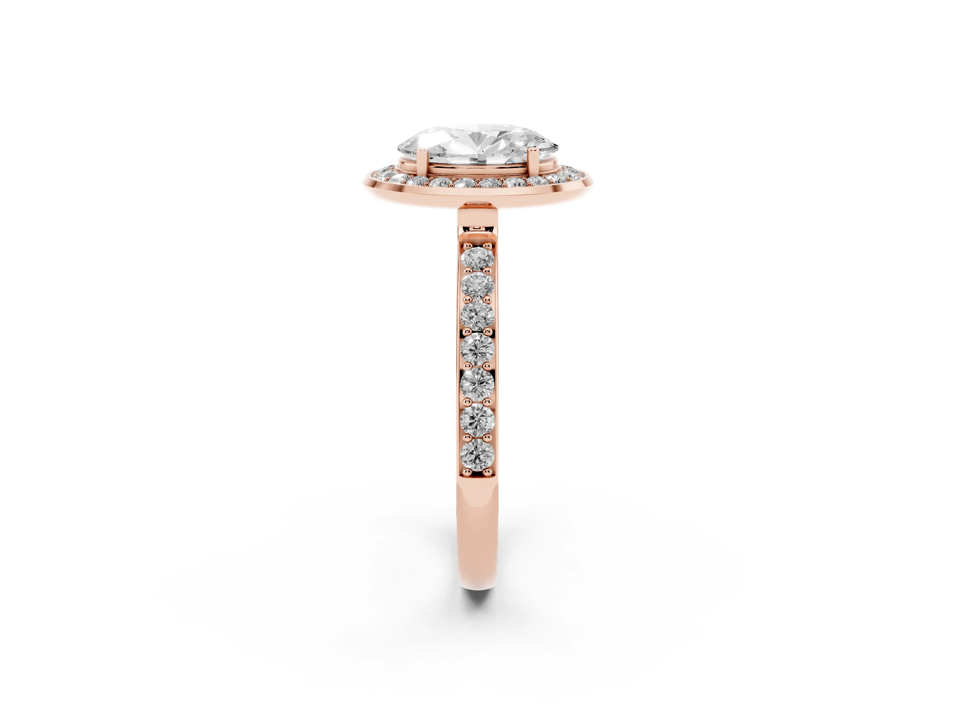 Oval Cut Diamond Halo Ring Set in Rose gold with Bezel Frame and Pavé Band
