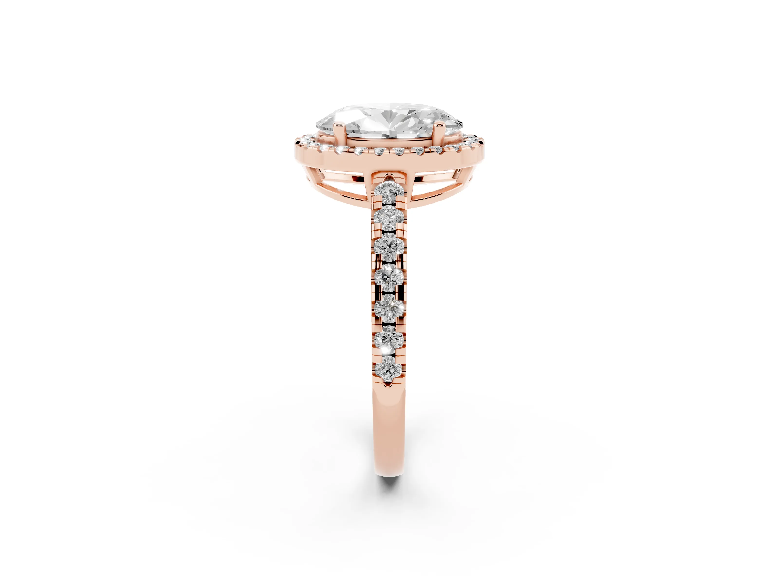 Oval Cut Diamond Halo Ring Set in Rose gold with Delicate Pavé Band and Prong Setting