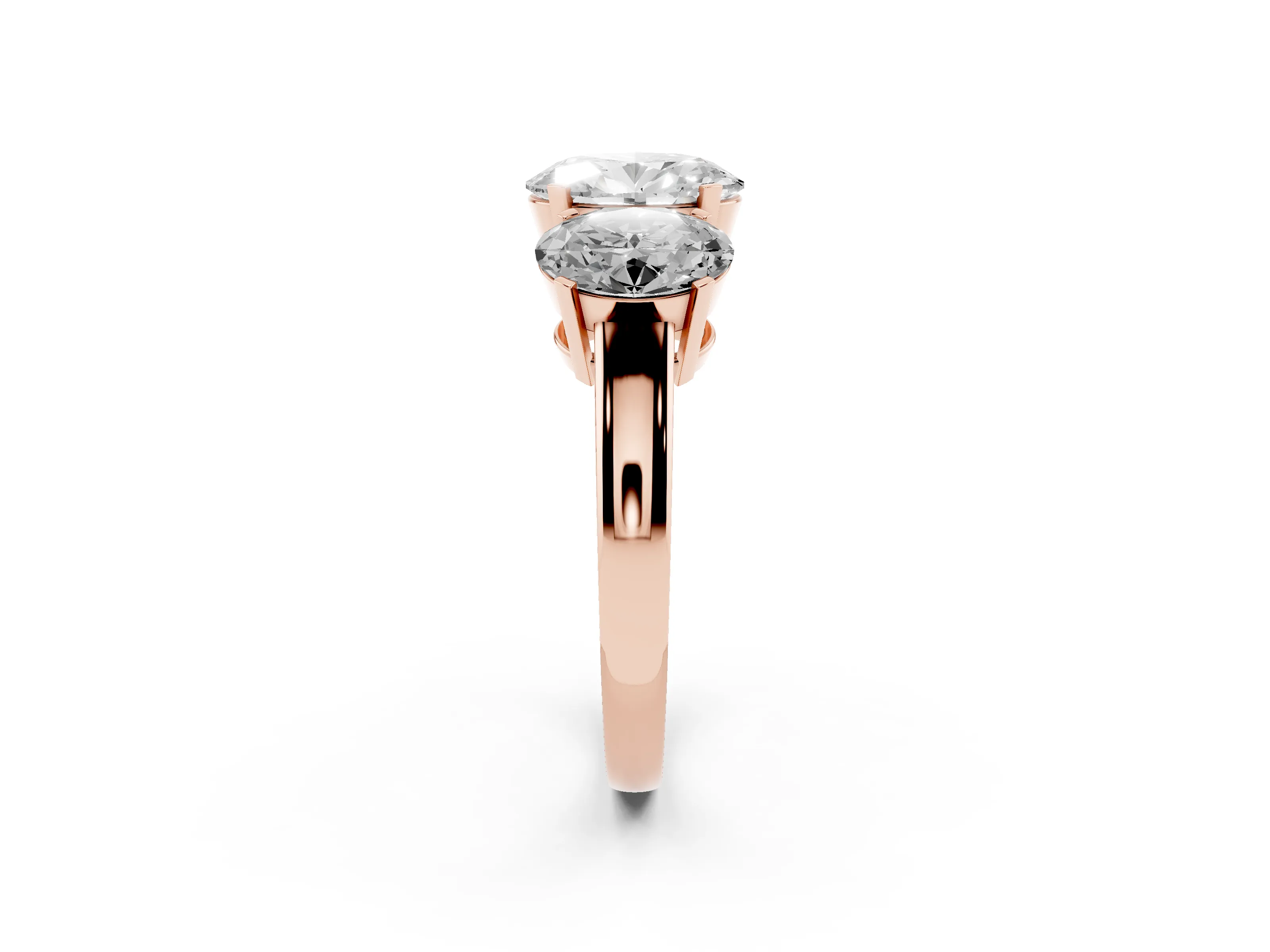 Oval Cut Diamond Three-Stone Ring Set in Rose gold with Channel-Set Band and Prong Settings