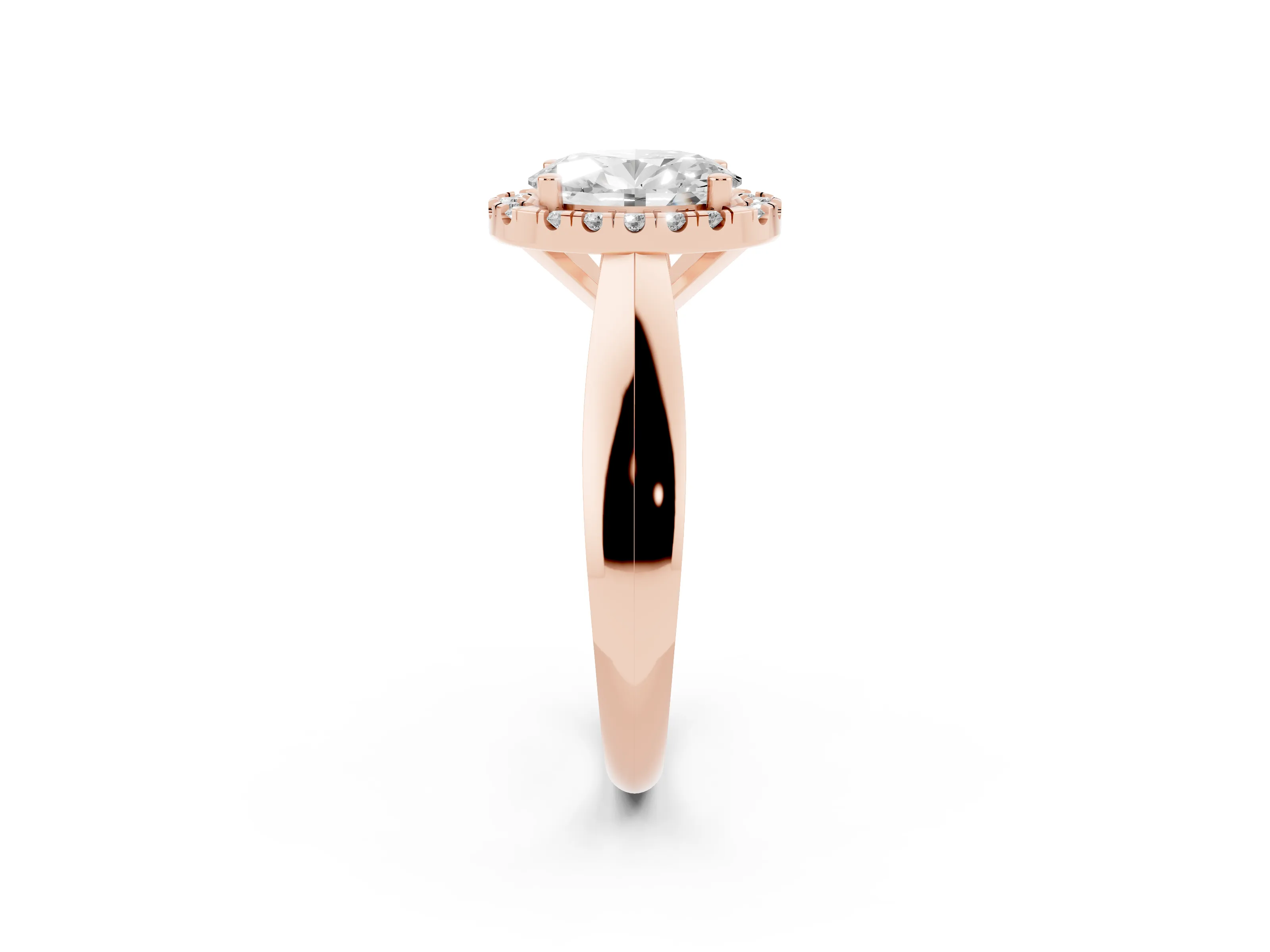 Oval Cut Diamond Halo Solitaire Engagement Ring Set in Rose gold with Square Band and Prong Setting