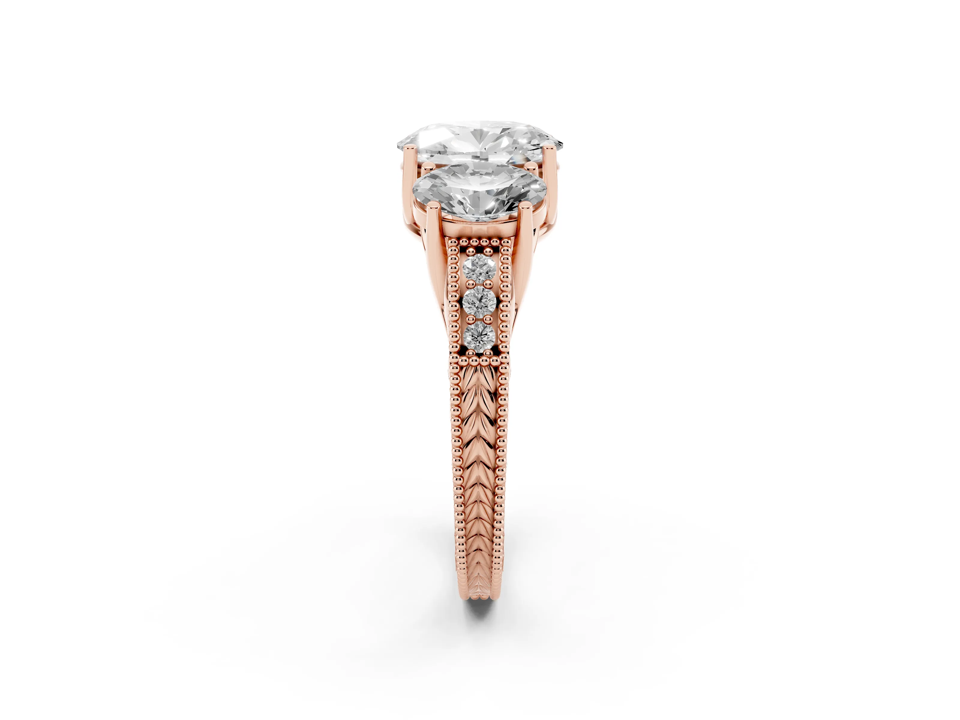 Oval Cut Diamond Three-Stone Engagement Ring Set in Rose gold with Milgrain Pavé Band