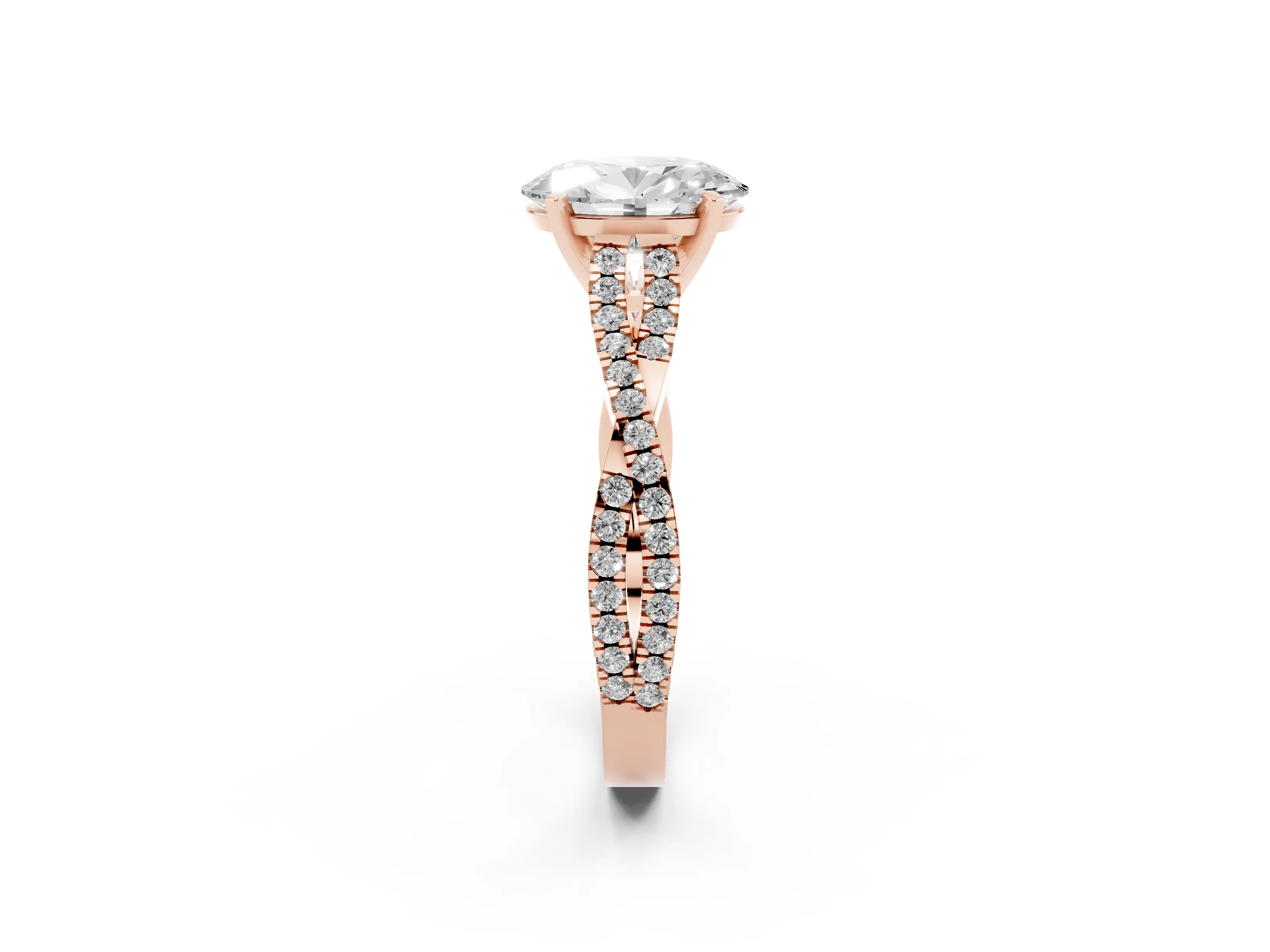 Oval Cut Diamond Solitaire Engagement Ring Set in Rose gold with Twisted Pavé Band and Prong Setting