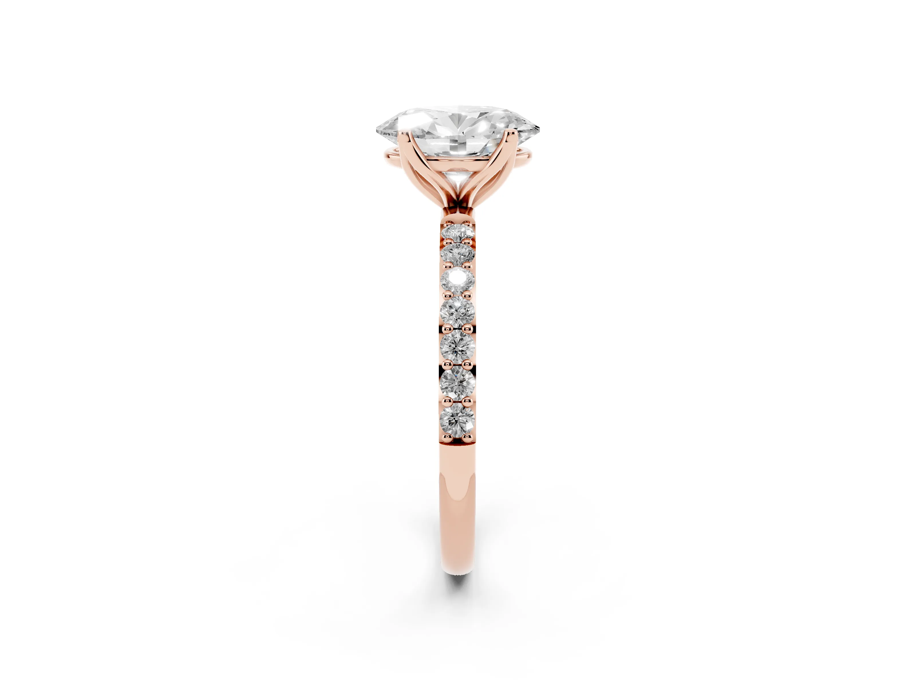Oval Cut Diamond Solitaire Engagement Ring Set in Rose gold with Round Pavé Band and Prong Setting