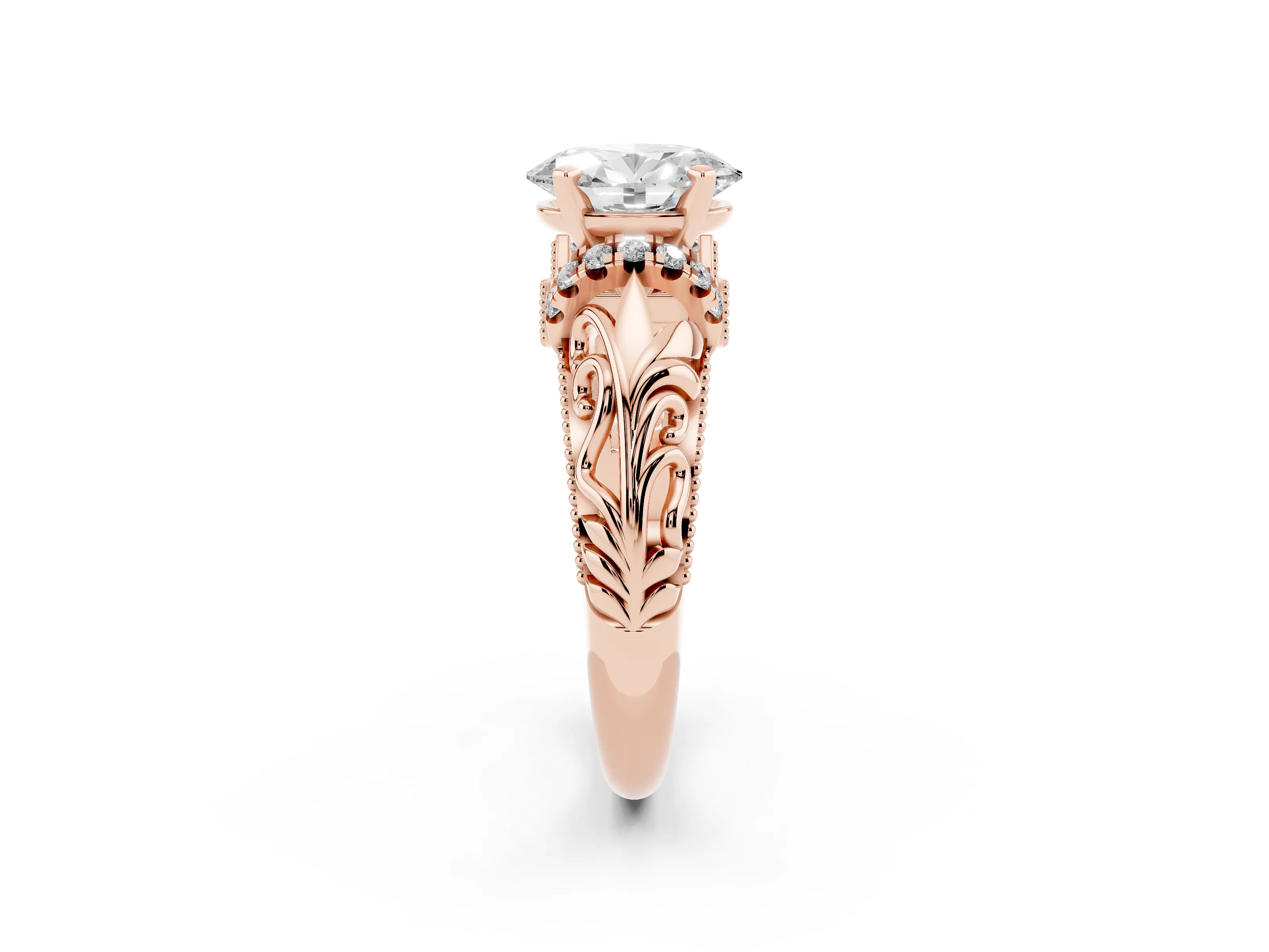 Oval Cut Diamond Filigree Halo Engagement Ring Set in Rose gold with Prong Setting