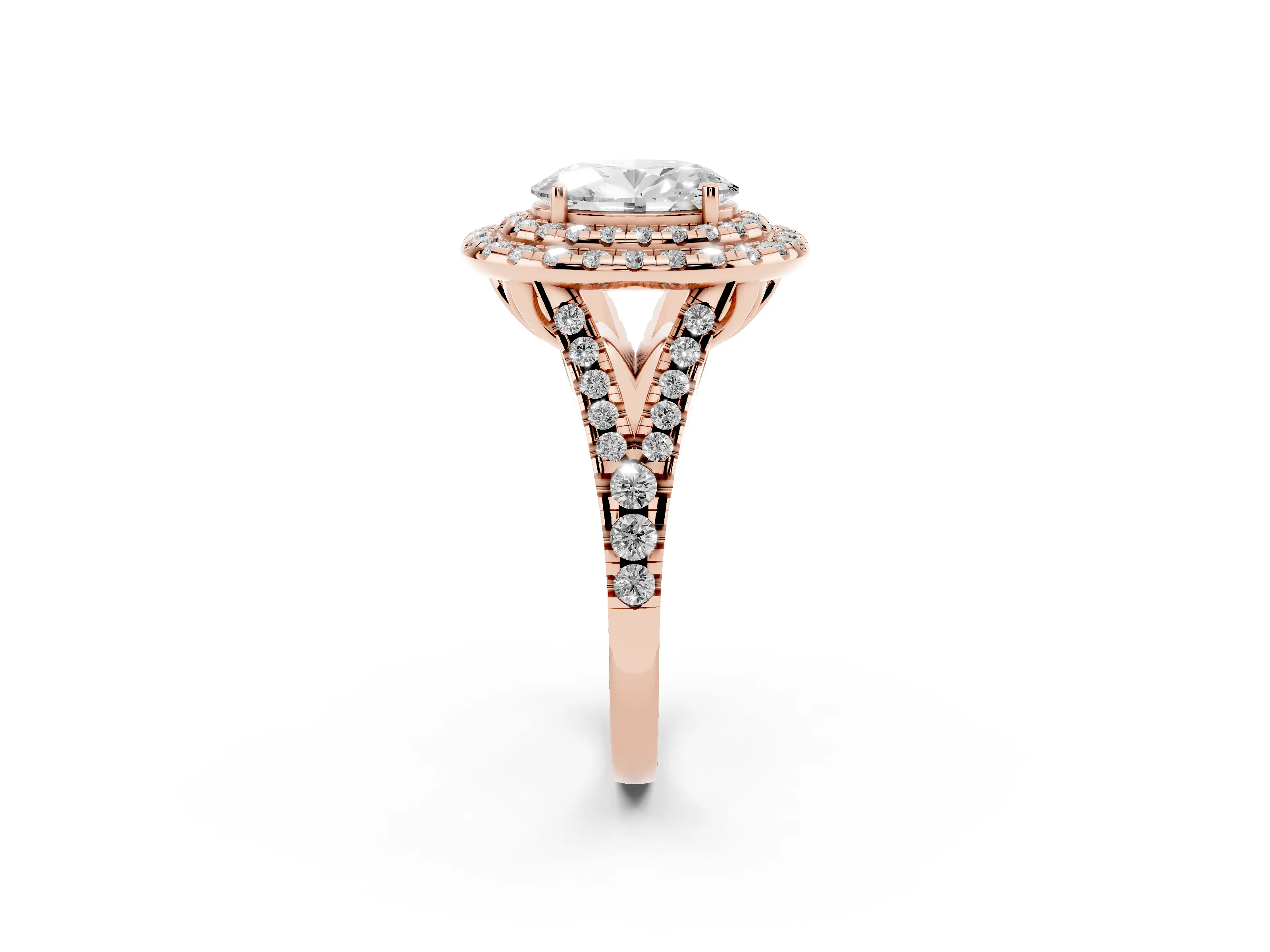 Oval Cut Diamond Double Halo Ring Set in Rose gold with Pavé Split Shank and Prong Setting